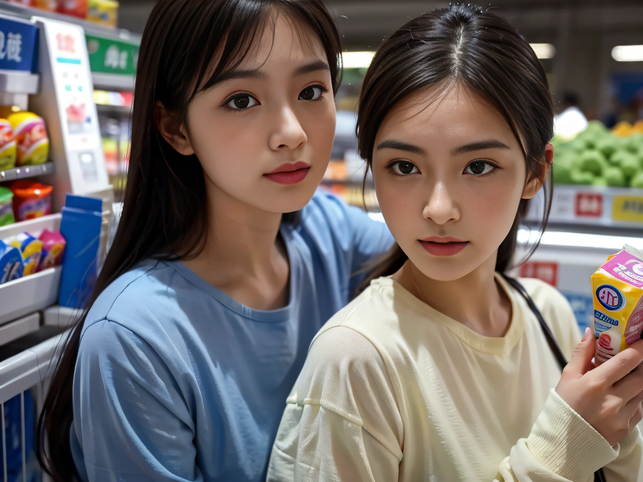 Two women in casual clothes，Pick up laundry detergent in the supermarket。Rich in detail，Close-up of face focus。