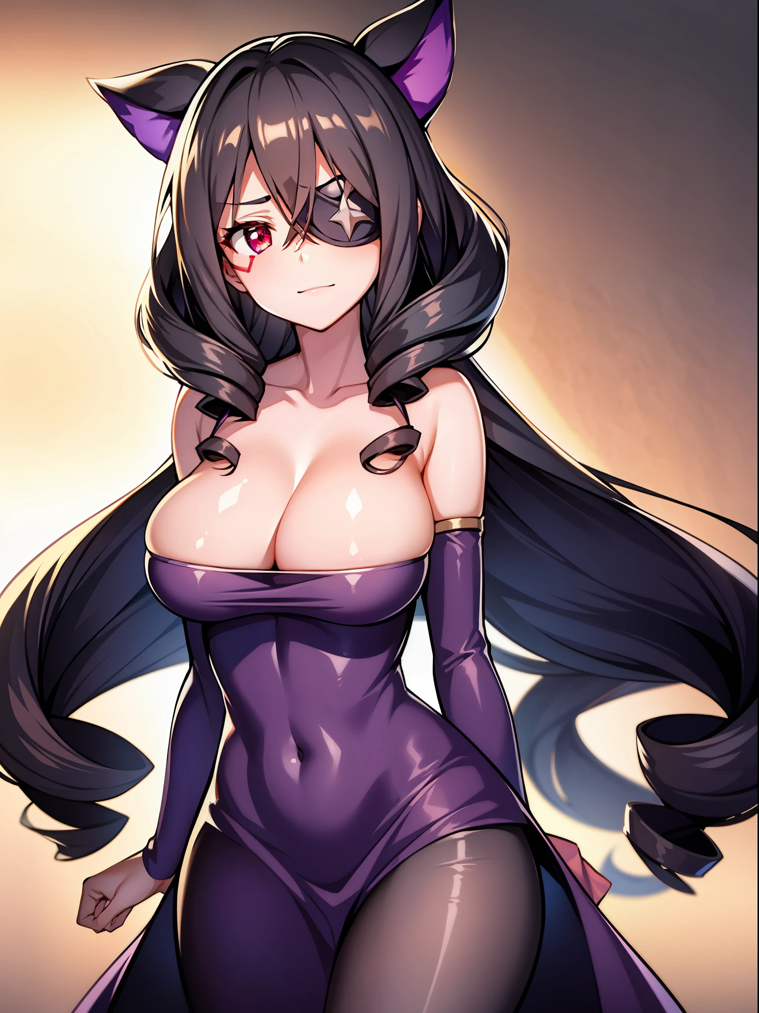 1 girl, Black hair, Semi-long hair, Drill Hair, Purple Ribbon, Red Eyes, ((Right eye patch)), Big Tits
