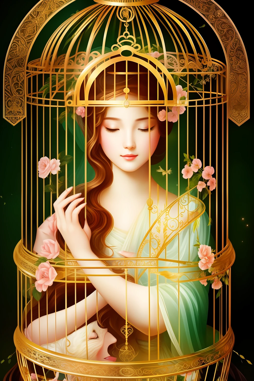 myth、Woman trapped in a birdcage、(Beautie)、(Well-formed face)、Depiction of gentle facial expressions、full bodyesbian、Mystical、high-level image quality、masterpiece