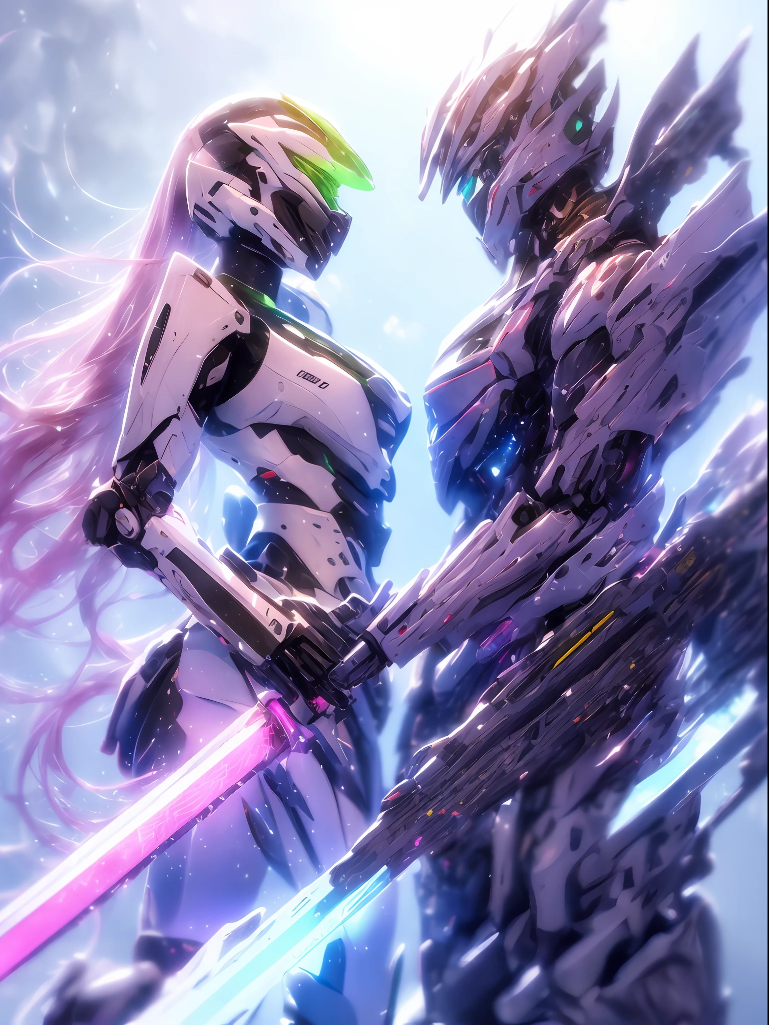 Mecha_museum, 1girll, Long_Hair, Science_fiction, arma, lightsabers, Holding_sword, Blue_Eyes, 独奏, head gear, Holding_arma, mechs, Bust,Pink and white livery,angelic halo,A sad gaze,The upper part of the body,Mermaid line,Blue-green reflection