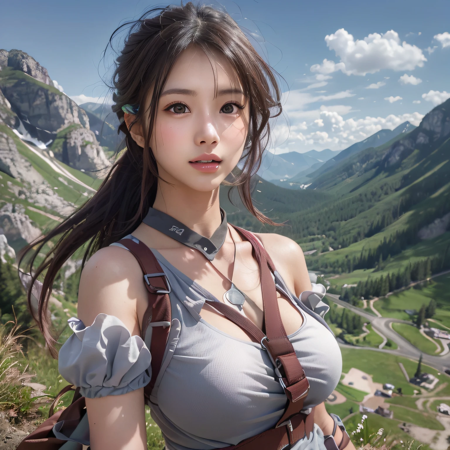 Naturescape photography; mountain climbing; (1woman:1.3, solo), (cowboy shot:1.3), (slender body), (bunny girl outfit, garterbelts, kneehigh boots), Walking along a mountain road, Rough road, boulders),  
(High-ponytail), (dark brown hair), 
(asian girl, 18-year-old, ultra delicate face, ultra Beautiful fece, ultra delicate eyes, ultra detailed nose, ultra detailed mouth, ultra detailed facial features), (face is shiny:0.8),
(smiling:0.8), (selfee, Shooting with a wide-angle lens, gopro), (Spectacular summer mountain views, with rugged mountain ranges in the distance, and the wonderful contrast of blue skies and white clouds), (Highest Quality, hyper-realistic:1.3, Super dense, very detailed illustration, Best image quality, very detailed illustration)