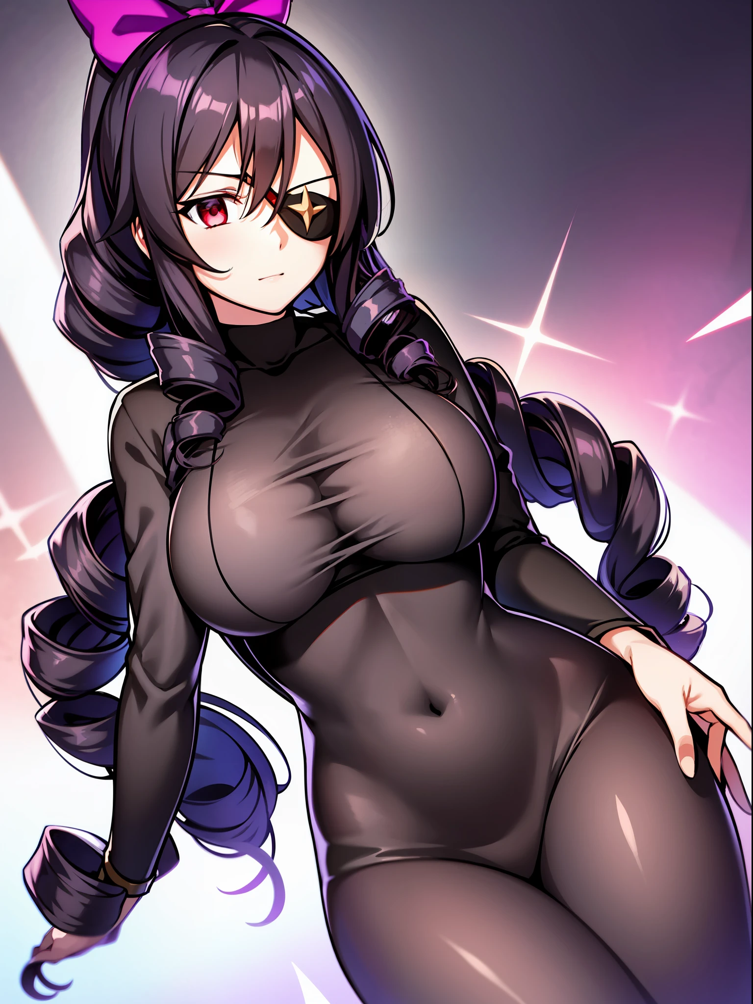 1 girl, black hair, semi-long hair, drill hair, purple ribbon, red eyes, ((right eye patch)), big tits, hero pose