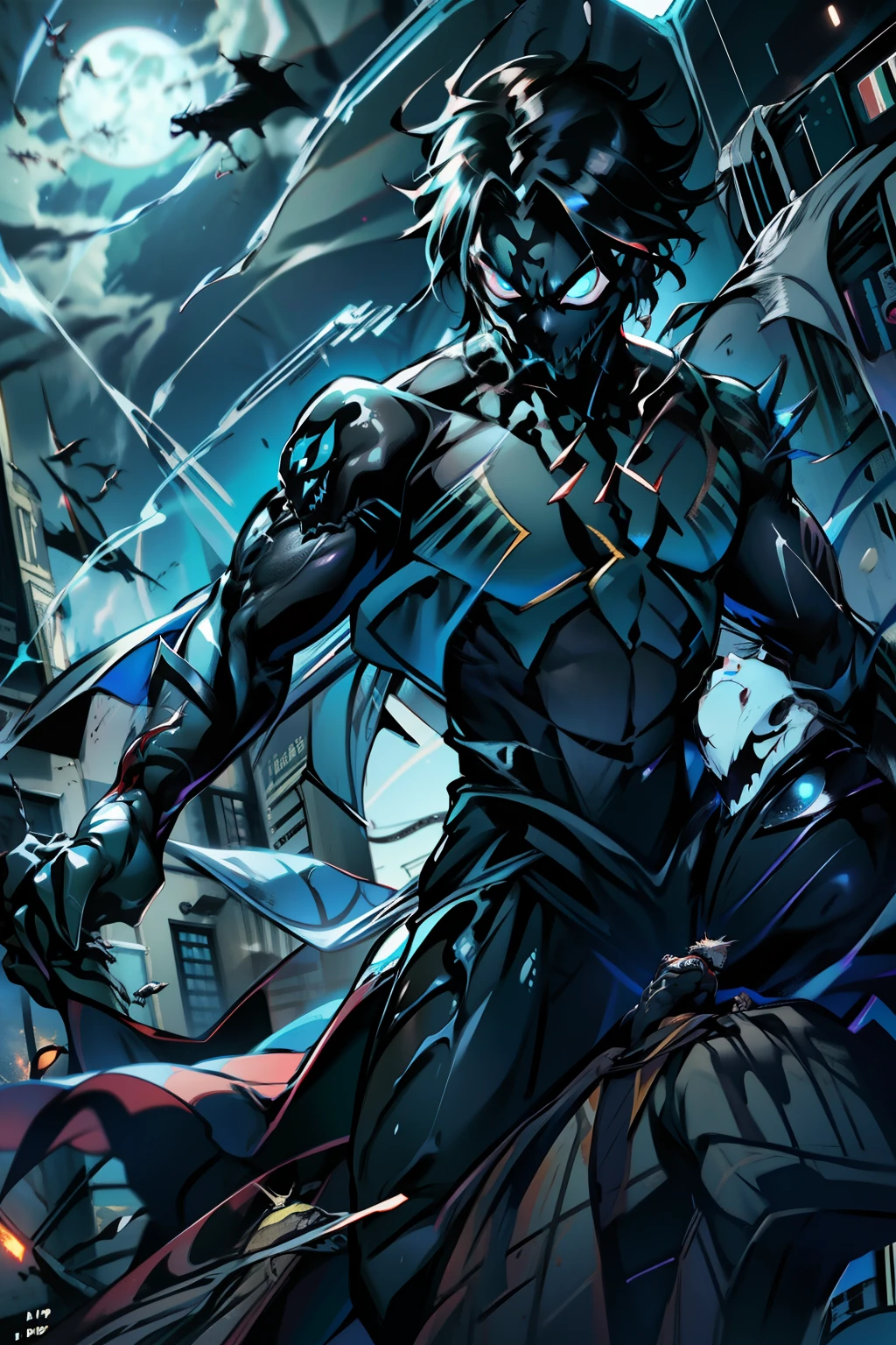 《the original god》Arataki Kazuto , male people， chest muscle， Sexy , Venom symbiote for your body, Black mucus of the body , into venom, venomize，Black bodysuit，（Cloak），Red cape，Abs，（Adult male）（（Venom possession，venom symbiote）），over-Tortoise Man，Battle damage，((Masterpiece)), ((Best quality)), Ultra detailed,((illustration)), Dynamic Angle, Detailed light, (Delicate eyes), Floating, 1boy, Male focus, Head, Clothing, Yellow eyes, necklace, tattoo, (Forehead:0.8), (ahoge:0.8), jewelry, brunette color hair,apathy，Ray， chest muscle， Sexy , Venom symbiote for your body, Black mucus of the body , （into venom）, Venom，frontage，Bust photo，White tight-fitting top，spiderman outfit，style of anime4 K， 4K anime wallpaper， Badass anime 8 K， 4 k comic wallpaper， young anime man， Anime boys， Anime wallpapers 4 k， Anime wallpaper 4K， High quality anime art style， Anime moe art style， Anime art wallpaper 8 K， Anime art wallpaper 4 K， RGB lighting，