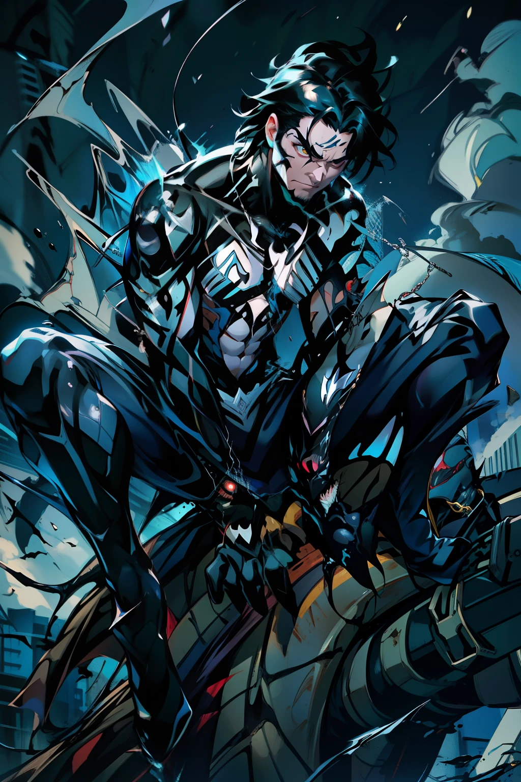 《the original god》Arataki Kazuto , male people， chest muscle， Sexy , Venom symbiote for your body, Black mucus of the body , into venom, venomize，Black bodysuit，（Cloak），Red cape，Abs，（Adult male）（（Venom possession，venom symbiote）），over-Tortoise Man，Battle damage，((Masterpiece)), ((Best quality)), Ultra detailed,((illustration)), Dynamic Angle, Detailed light, (Delicate eyes), Floating, 1boy, Male focus, Head, Clothing, Yellow eyes, necklace, tattoo, (Forehead:0.8), (ahoge:0.8), jewelry, brunette color hair,apathy，Ray， chest muscle， Sexy , Venom symbiote for your body, Black mucus of the body , （into venom）, Venom，frontage，Bust photo，White tight-fitting top，spiderman outfit，style of anime4 K， 4K anime wallpaper， Badass anime 8 K， 4 k comic wallpaper， young anime man， Anime boys， Anime wallpapers 4 k， Anime wallpaper 4K， High quality anime art style， Anime moe art style， Anime art wallpaper 8 K， Anime art wallpaper 4 K， RGB lighting，