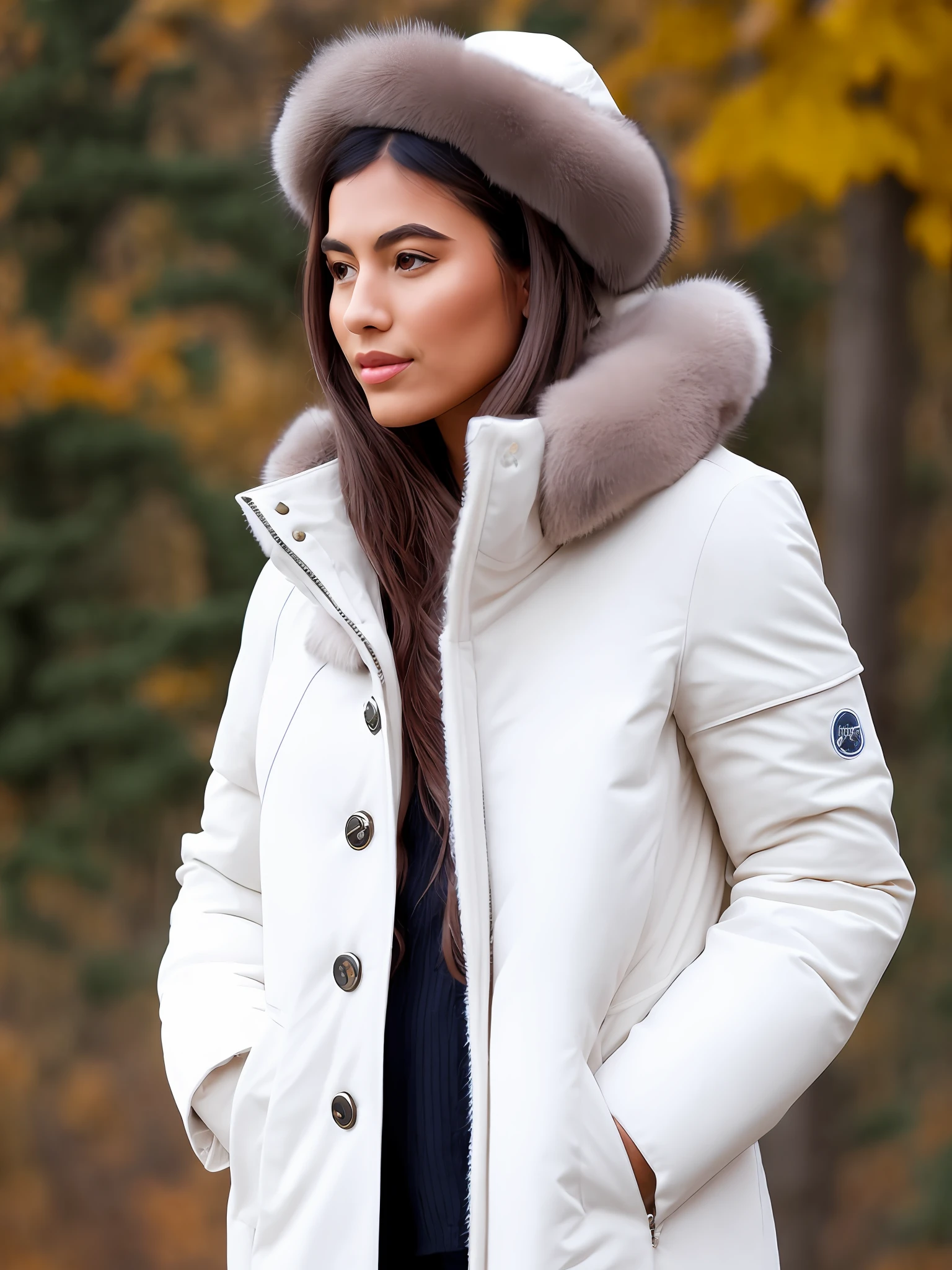 A girl in a white mink down coat