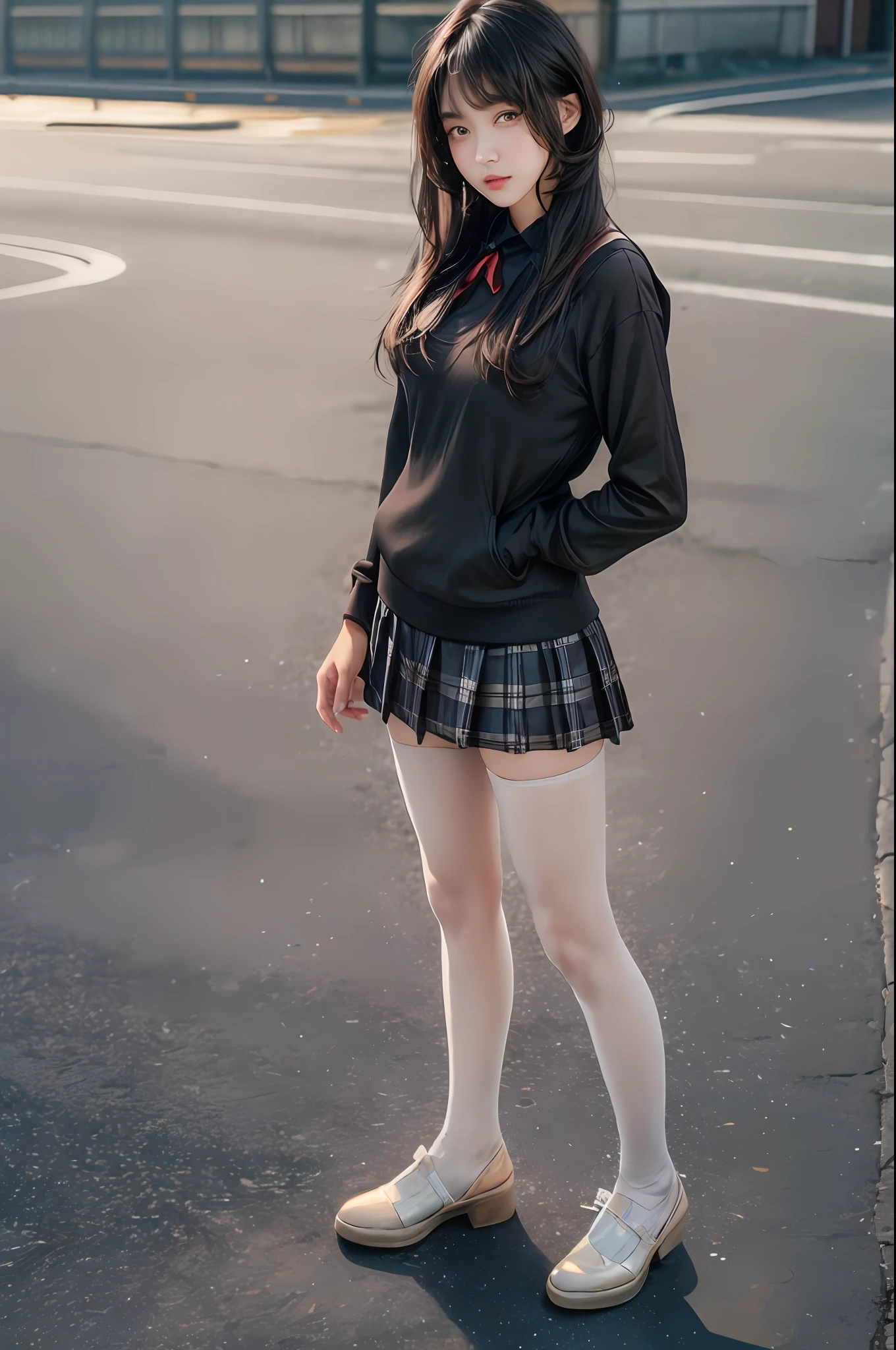 Pretty girl standing, thin legs, high heels on the ground, on the road, (masterpiece:1.3), (8k, photorealistic, RAW photo, best quality: 1.4), (1girl), beautiful face, (realistic face), (black hair, short hair:1.3), beautiful hairstyle, realistic eyes, Beautiful detail eyes, realistic skin, beautiful skin, super high resolution, super realistic, very detailed, golden ratio, cute, cute schoolgirl, wearing jk uniform, surreal high school girl, short skirt, tight skirt, pantyhose, black stockings, full body view, thin arms, long hair, big tits