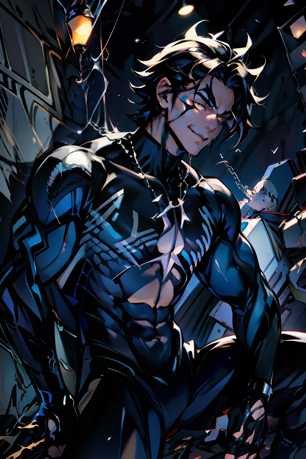 《the original god》Arataki Kazuto , male people, chest muscle, Sexy , Venom symbiote for your body, Black mucus of the body , into venom, venomize,Black bodysuit,(Cloak),Red cape,Abs,(Adult male)((Venom possession,venom symbiote)),over-Tortoise Man,Battle damage,((Masterpiece)), ((Best quality)), Ultra detailed,((illustration)), Dynamic Angle, Detailed light, (Delicate eyes), Floating, 1boy, Male focus, Head, Clothing, Yellow eyes, necklace, tattoo, (Forehead:0.8), (ahoge:0.8), jewelry, brunette color hair,apathy,Ray, chest muscle, Sexy , Venom symbiote for your body, Black mucus of the body , (into venom), Venom,frontage,Bust photo,White tight-fitting top,spiderman outfit,style of anime4 K, 4K anime wallpaper, Badass anime 8 K, 4 k comic wallpaper, young anime man, Anime boys, Anime wallpapers 4 k, Anime wallpaper 4K, High quality anime art style, Anime moe art style, Anime art wallpaper 8 K, Anime art wallpaper 4 K, RGB lighting,