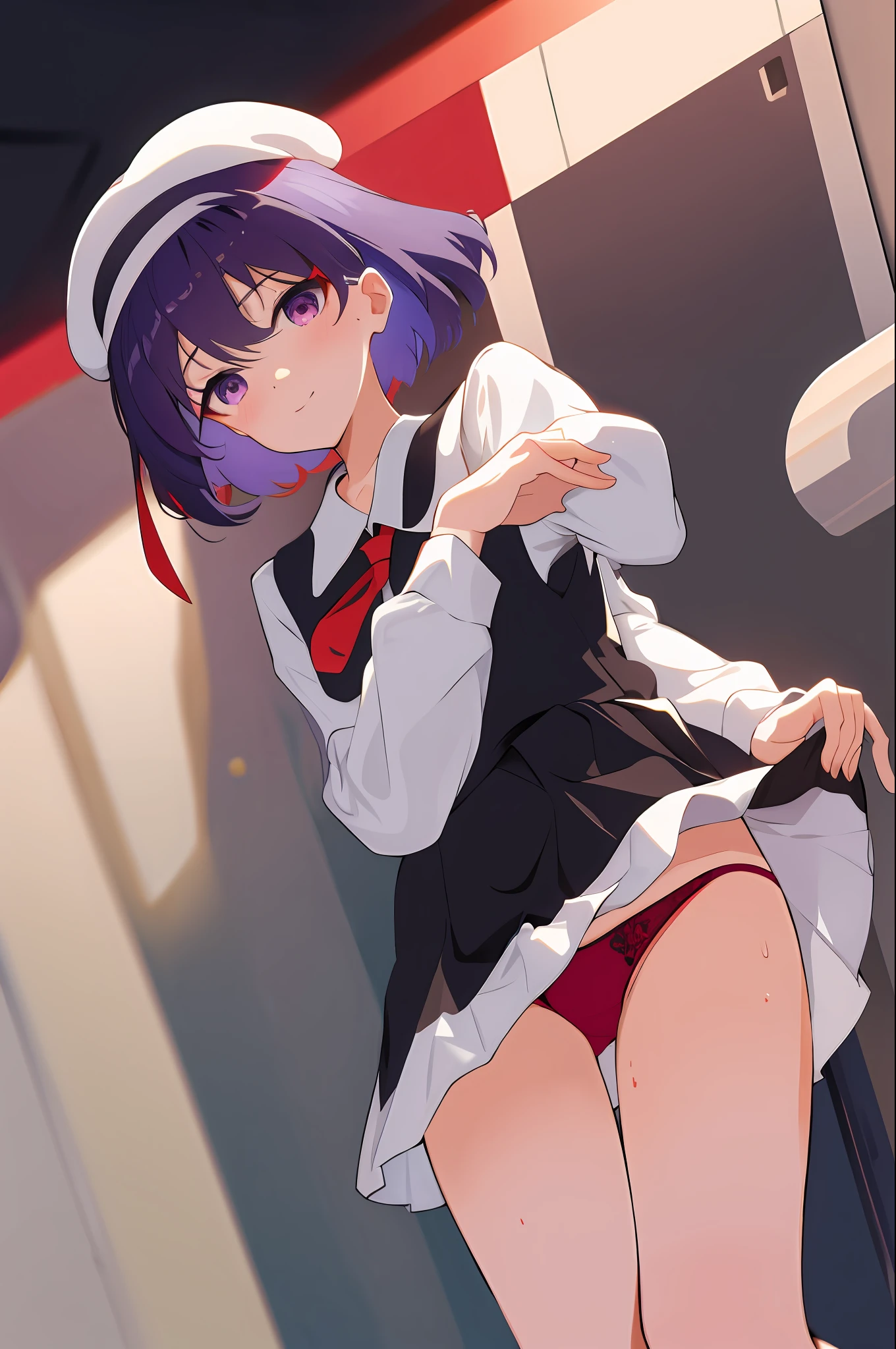 Masterpiece, Best Quality, Hi-Res, 1 Girl, Solo, Small, Short Hair, Beret, Bangs, Purple Eyes, Hair Between Eyes, Long Sleeves, Tie, School Uniform, Mini Skirt, Juliet Sleeves, Thighs, White Shirt, Cowboy Shot, (Skirt Lift: 1.3), Indoors, Toilet, Urinal, Sweat, Wet, Look Viewer,Bright Red Panties, Blush