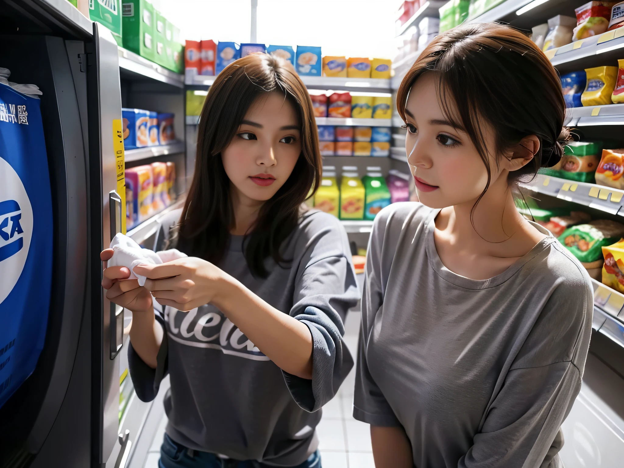 Two women in casual clothes，Pick up laundry detergent in the supermarket。Rich in detail，Close-up of face focus。