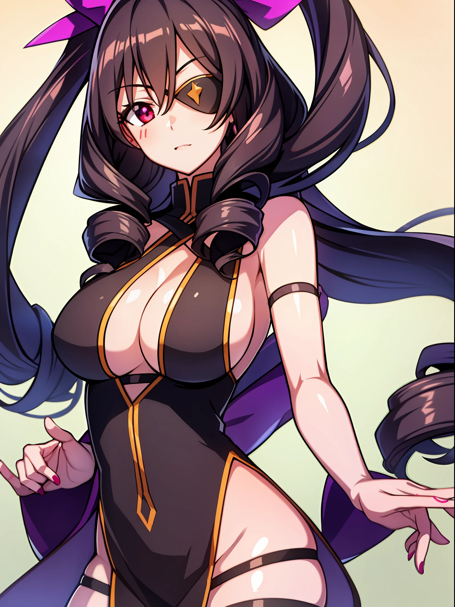 1 girl, Black hair, Semi-long hair, Drill Hair, Purple Ribbon, Red Eyes, ((right eye patch)), Big Tits