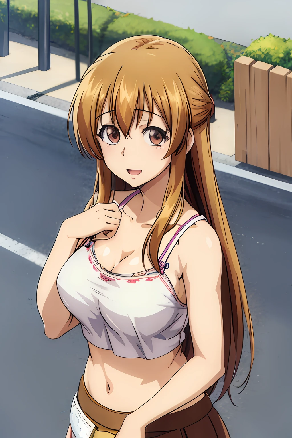 best quality, (masterpiece:1.2), highly detailed, street,
1girl,  kotegawa nanaka,
looking at viewer, slight smile, open mouth,
brown eyes, brown hair, long hair, bra, panties,  (big tits)