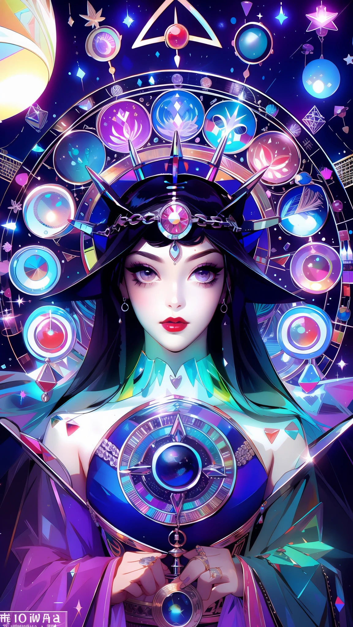 Model: long wavy hair, full dark lips, Smoky eyes, BREAK, Setting: Room with black color, Broken glass,multicolored neon crystals, BREAK, bodypaint: Polychromatic geometric patterns, Torso cover, Arms and legs, BREAK, Accessories: Chrome-plated chains with torn body, Silver Choker, black feathered white black wings, Naked, Topless, naked body,BREAK, the pose: on a bed, looking forward, truth, Magic, Magic, Magic, up close, northern lights, spectrum