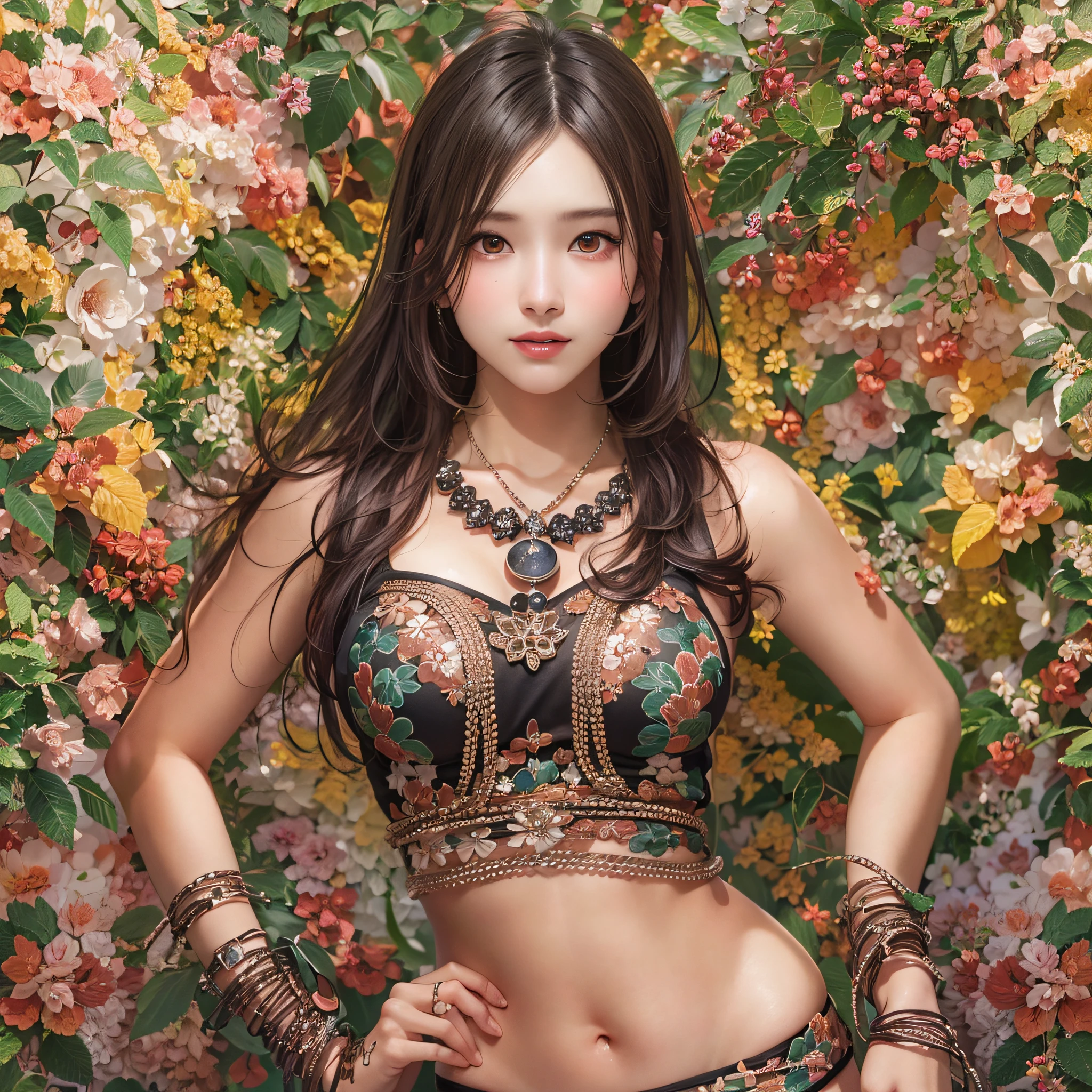 (Highest Quality, hyper-realistic, Super dense, very detailed illustration, Best image quality:1.4, very detailed illustration),
(Background, symmetrical, Compositions with coloful geometric arabesque patterns):1.3, 
(sexy black bikini), (1woman:1.3, solo), 
(cowboy shot:1.3), (Model-like body shape), Hands on Hips, white skin, 
(High-ponytail), (dark brown hair), 
(Japanese, 18-year-old woman),  
(smiling:0.8)