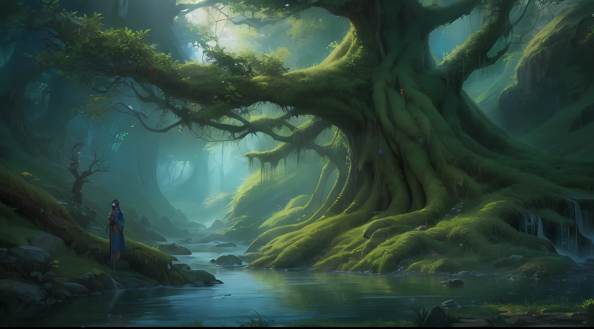 high details, best quality, 8k, [ultra detailed], masterpiece, best quality, (extremely detailed), dynamic angle, ultra wide shot, photorealistic, fantasy art, dnd art, rpg art, realistic art, an ultra wide picture of druid grove in a fantasy forest and its druid warden observing all, a fantasy forest (intricate details, Masterpiece, best quality: 1.5), many trees, a stream of water (intricate details, Masterpiece, best quality: 1.5), waterfall (intricate details, Masterpiece, best quality: 1.5), human female druid, full body (intricate details, Masterpiece, best quality: 1.5), exquisite beautiful woman druid (intricate details, Masterpiece, best quality: 1.5), ultra detailed face (intricate details, Masterpiece, best quality: 1.6), black hair, long hair, wavy hair (intricate details, Masterpiece, best quality: 1.5),, dynamic eyes color, fair skin, wearing blue cloak (intricate details, Masterpiece, best quality: 1.5), green robe (intricate details, Masterpiece, best quality: 1.5), cinematic light, pastoral atmosphere, divine light, gods rays,