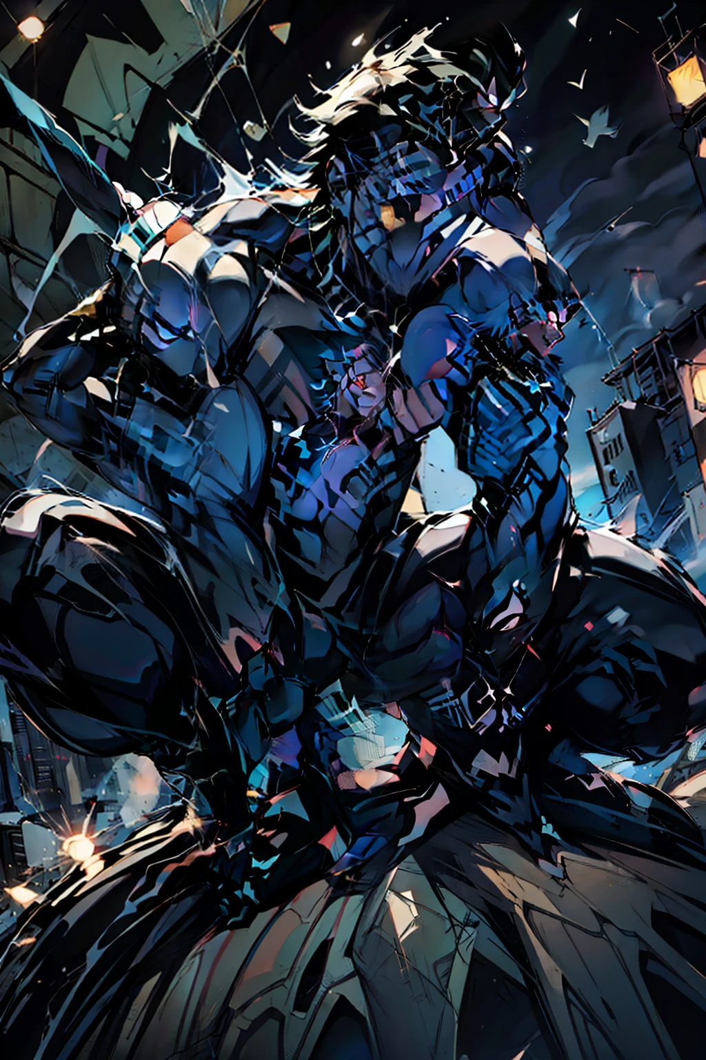 《the original god》Arataki Kazuto , male people, chest muscle, Sexy , Venom symbiote for your body, Black mucus of the body , into venom, venomize,Black bodysuit,(Cloak),Red cape,Abs,(Adult male)((Venom possession,venom symbiote)),over-Tortoise Man,Battle damage,((Masterpiece)), ((Best quality)), Ultra detailed,((illustration)), Dynamic Angle, Detailed light, (Delicate eyes), Floating, 1boy, Male focus, Head, Clothing, Yellow eyes, necklace, tattoo, (Forehead:0.8), (ahoge:0.8), jewelry, brunette color hair,apathy,Ray, chest muscle, Sexy , Venom symbiote for your body, Black mucus of the body , (into venom), Venom,frontage,Bust photo,White tight-fitting top,spiderman outfit,style of anime4 K, 4K anime wallpaper, Badass anime 8 K, 4 k comic wallpaper, young anime man, Anime boys, Anime wallpapers 4 k, Anime wallpaper 4K, High quality anime art style, Anime moe art style, Anime art wallpaper 8 K, Anime art wallpaper 4 K, RGB lighting,
