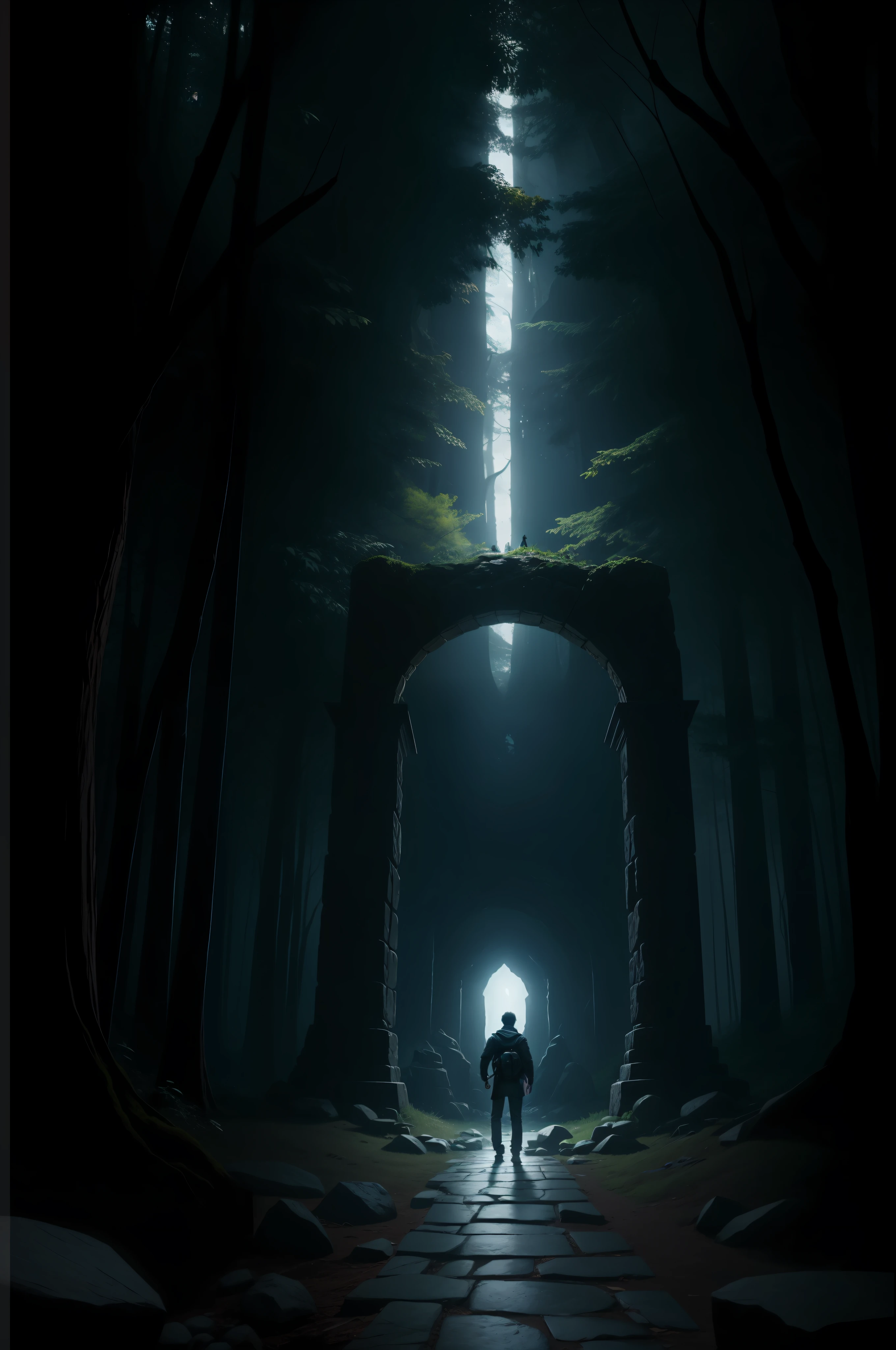 A stone portal to another world in a dark, dark forest with chaotic elements around it and a man in front of him facing him, o portal emite uma luz bem forte, Realistic, 8k