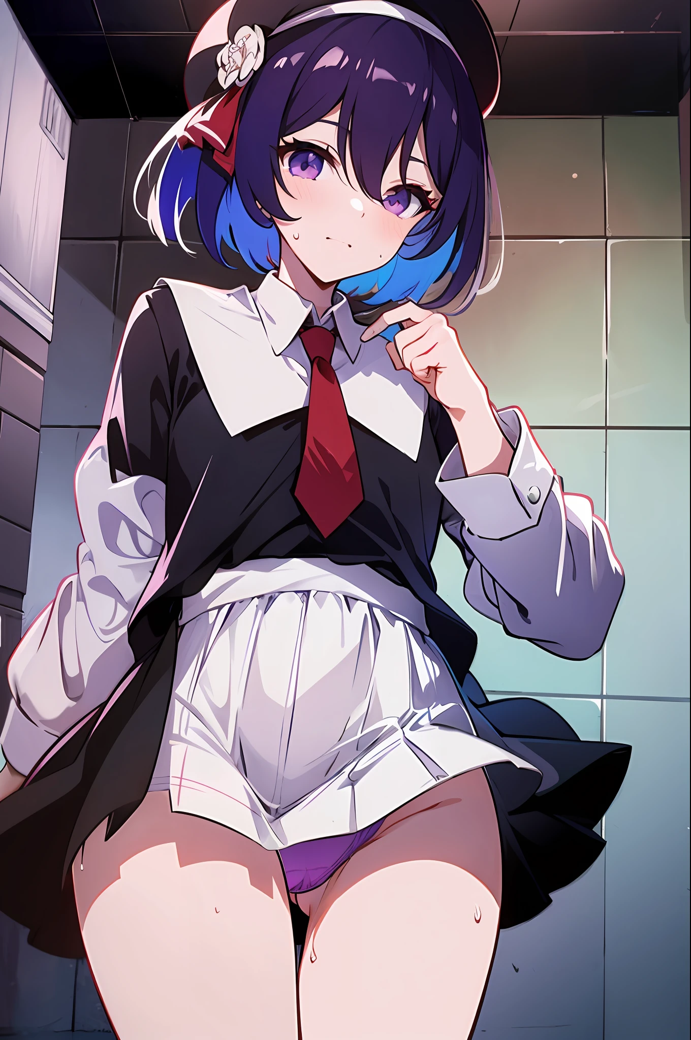 Masterpiece, Best Quality, Hi-Res, 1 Girl, Solo, Seele,Small, Short Hair, Beret, Bangs, Purple Eyes, Hair Between Eyes, Long Sleeves, Tie, School Uniform, Mini Skirt, Juliet Sleeves, Thighs, White Shirt, Cowboy Shot, (Skirt Lift: 1.3), Indoors, Toilet, Urinal, Sweat, Wet, Look Viewer,Bright Red Panties, Blush