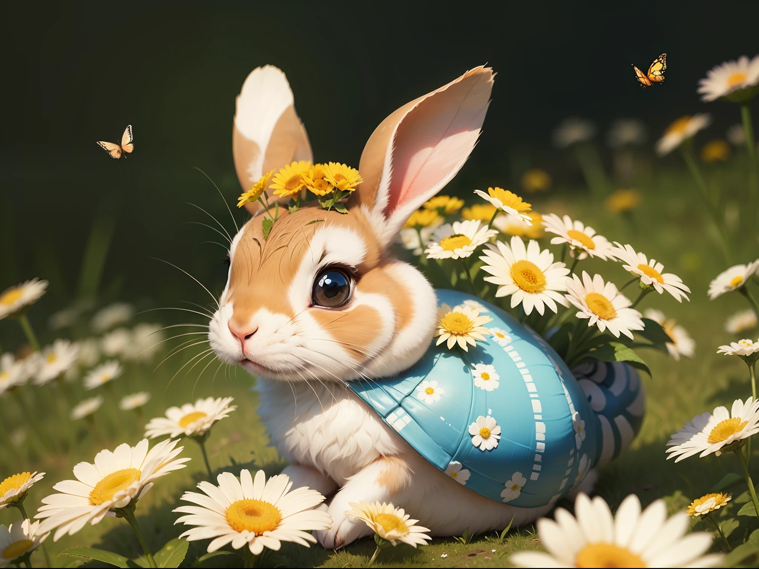 close view of a cute rabbit on a beautiful, colorful big snail. background full of small white sashta daisy flowers, and mechanic butterflies.