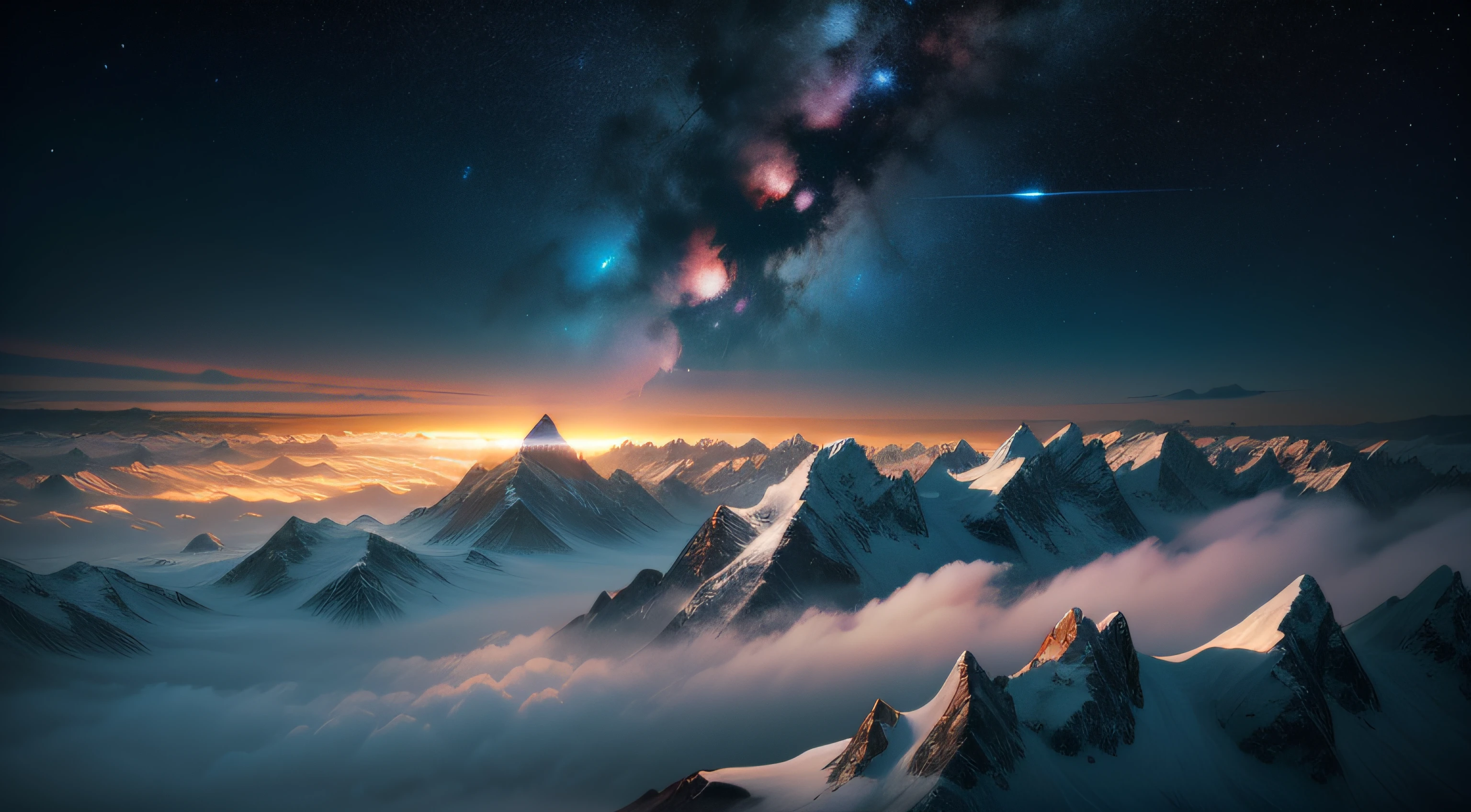 early evening,  Dark skies, There is a meteor crossing, Many bright and different stars, Various nebulae, On the ground are rolling mountains, Snow-capped mountains, There was no one, There was a lot of fog in the mountains, Faraway view, Close-up, modern, High detail, Cinematic lighting, Wide shot, Atmospheric perspective, Eye level shots, Masterpiece, A high resolution, Best quality, Super detail