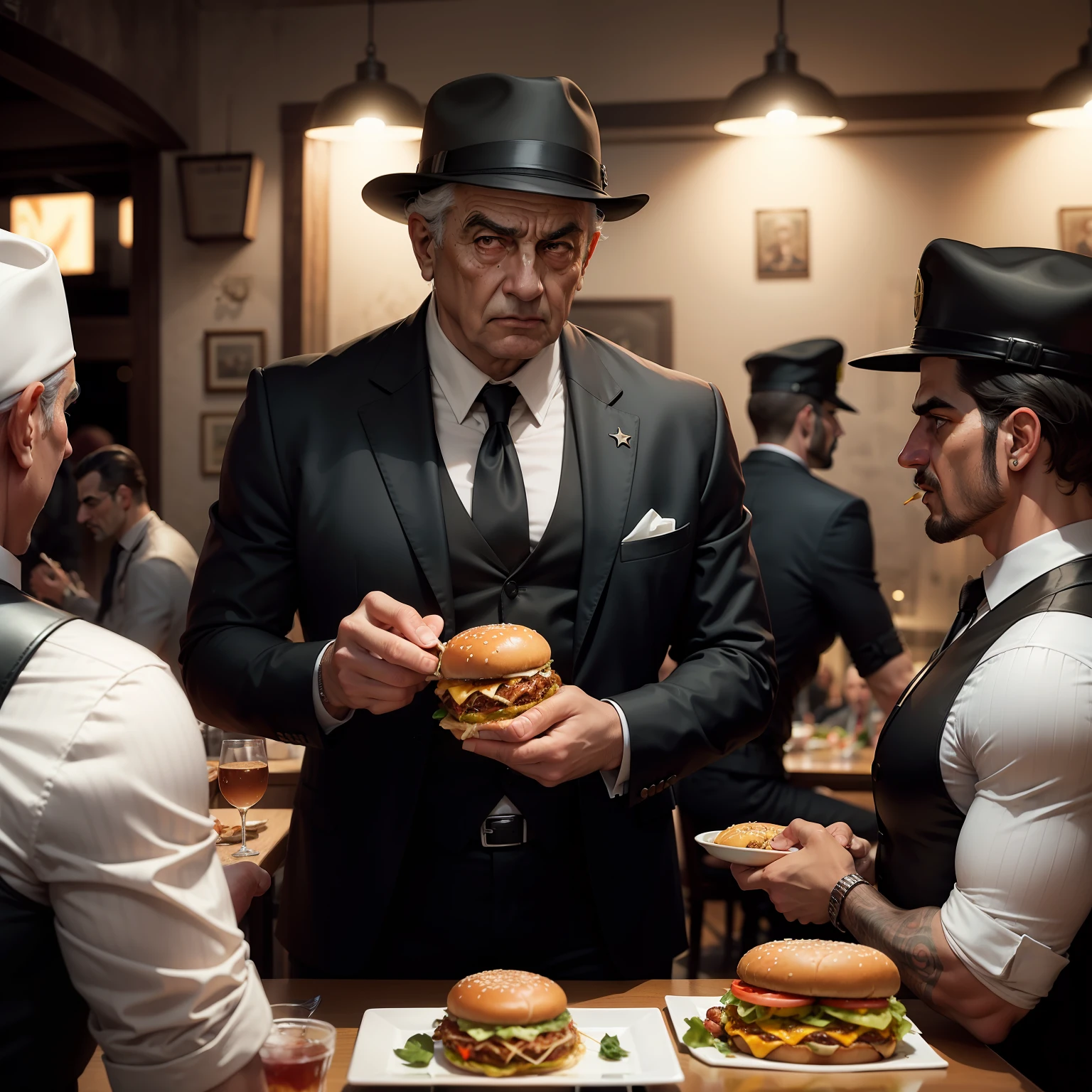 Um velho chefe da mafia, in typical Italian restaurant eating hamburger and his armed henchmen