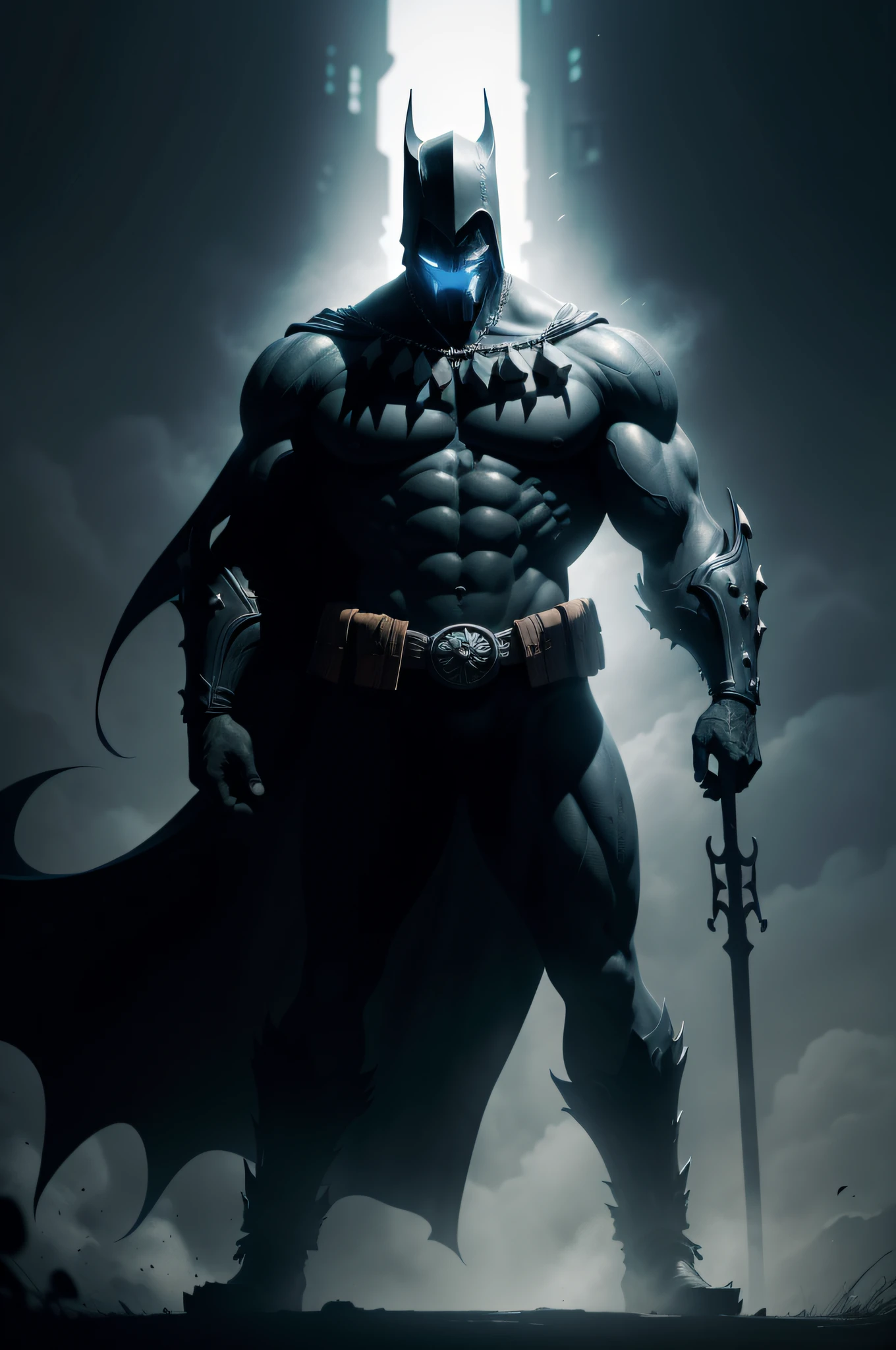 fundo azulado criando um clima misterioso e sombrio. Highlight the contrast between the darkness around you and your towering figure, symbolizing his constant vigilance.
