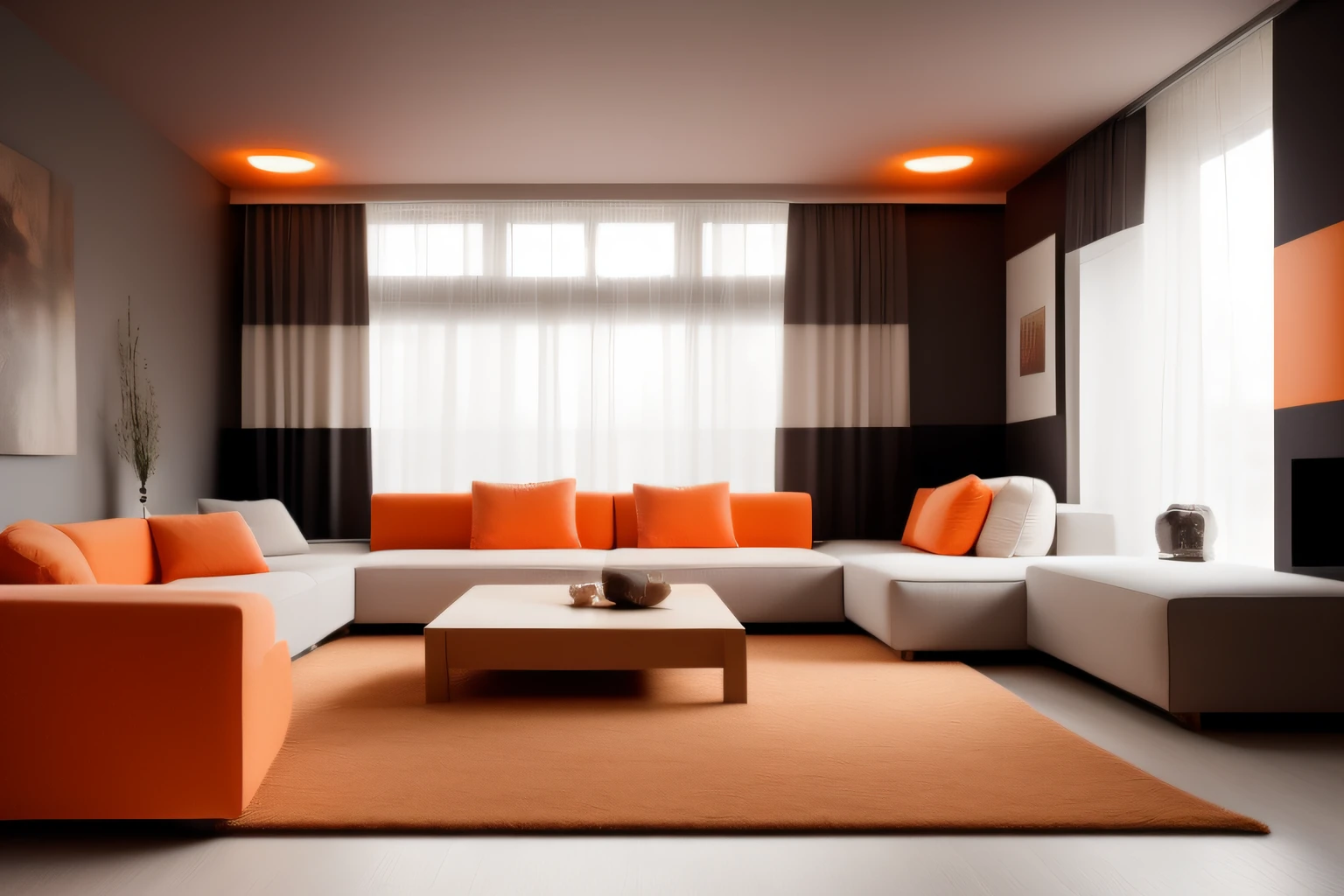 ((best quality)), ((masterpiece)), ((realistic)),living room, Modern minimalist Nordic style, Soft light, Pure picture, (Bright colors:1.2), Symmetrical composition, orange theme