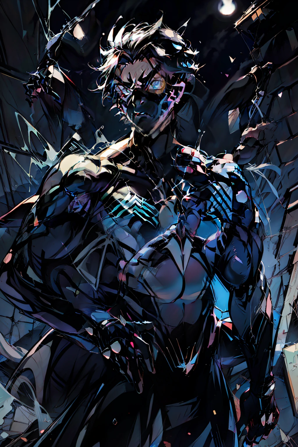 《the original god》Arataki Kazuto , male people， chest muscle， Sexy , Venom symbiote for your body, Black mucus of the body , into venom, venomize，Black bodysuit，（Cloak），Red cape，Abs，（Adult male）（（Venom possession，venom symbiote）），over-Tortoise Man，Battle damage，((Masterpiece)), ((Best quality)), Ultra detailed,((illustration)), Dynamic Angle, Detailed light, (Delicate eyes), Floating, 1boy, Male focus, Head, Clothing, Yellow eyes, necklace, tattoo, (Forehead:0.8), (ahoge:0.8), jewelry, brunette color hair,apathy，Ray， chest muscle， Sexy , Venom symbiote for your body, Black mucus of the body , （into venom）, Venom，frontage，Bust photo，White tight-fitting top，spiderman outfit，style of anime4 K， 4K anime wallpaper， Badass anime 8 K， 4 k comic wallpaper， young anime man， Anime boys， Anime wallpapers 4 k， Anime wallpaper 4K， High quality anime art style， Anime moe art style， Anime art wallpaper 8 K， Anime art wallpaper 4 K， RGB lighting，