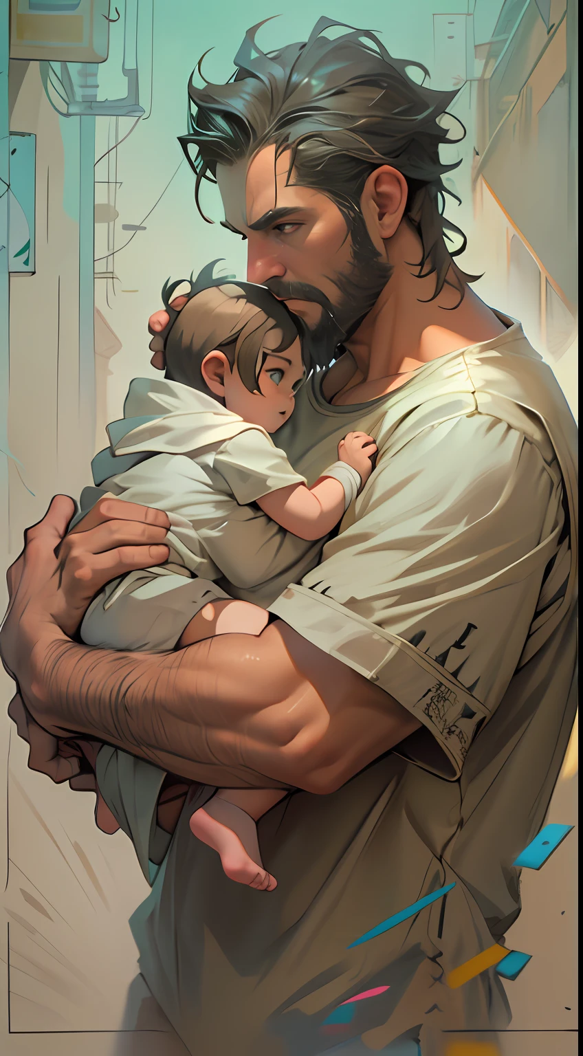 A work of art of a father holding a baby in his arms, Estilo de pintura digital de Hearthstone, cores suaves, tons pastel, cinematic lighthing, fotografia premiada, Definition of success, trending on ArtStation, MEMBROS PERFEITOS, rosto perfeito, olhos perfeitos, perfect hands and fingers, bordering on perfection, foco nítido, studio illumination, hiper detalhada, detalhes intrincados, Casais, Texturas, octane rendering, profissional render