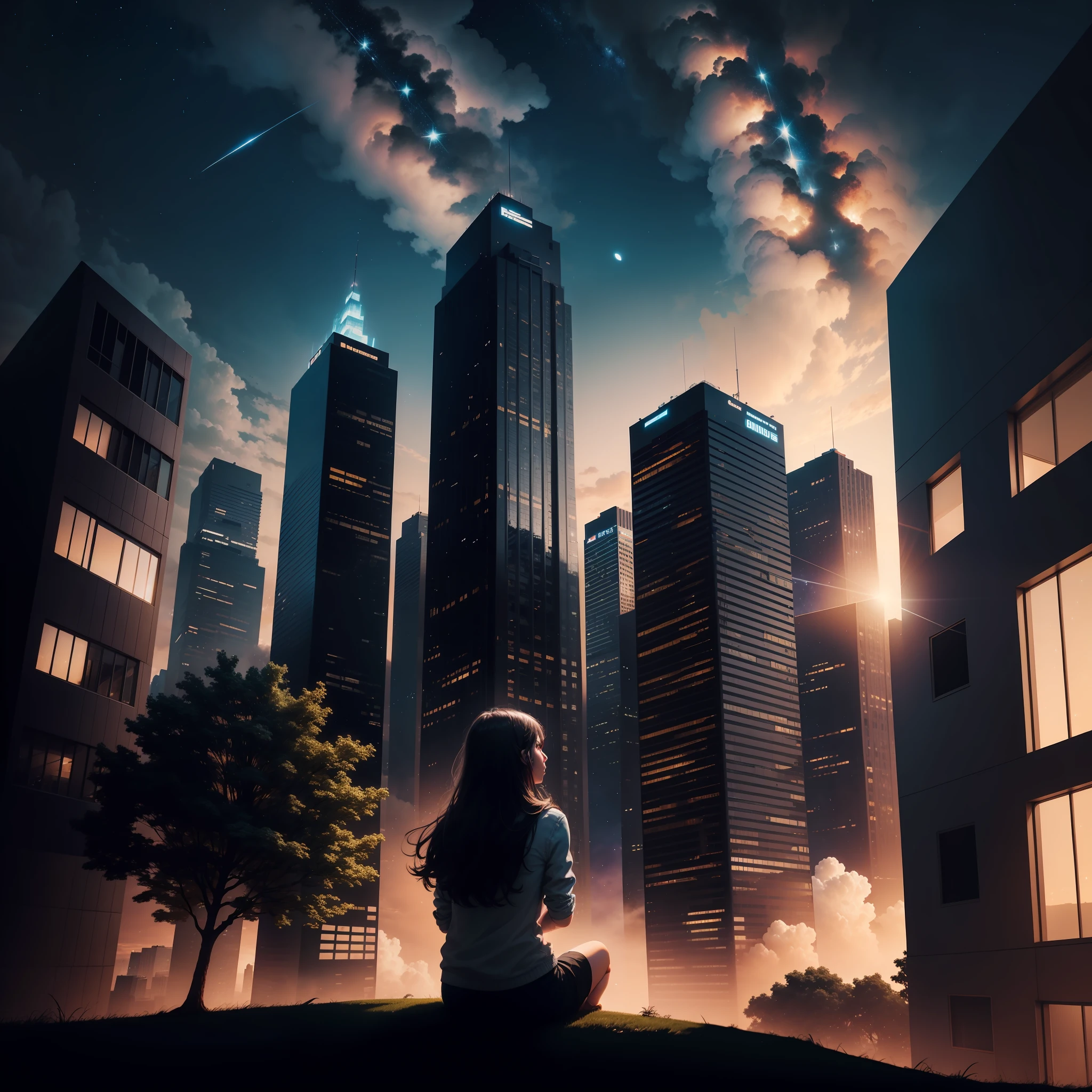 octane, sky, stars (sky), landscape, starry sky, night, 1 girl, night sky, solo, outdoor, building, cloud, milky way, sitting, tree, long hair, city, silhouette, cityscape