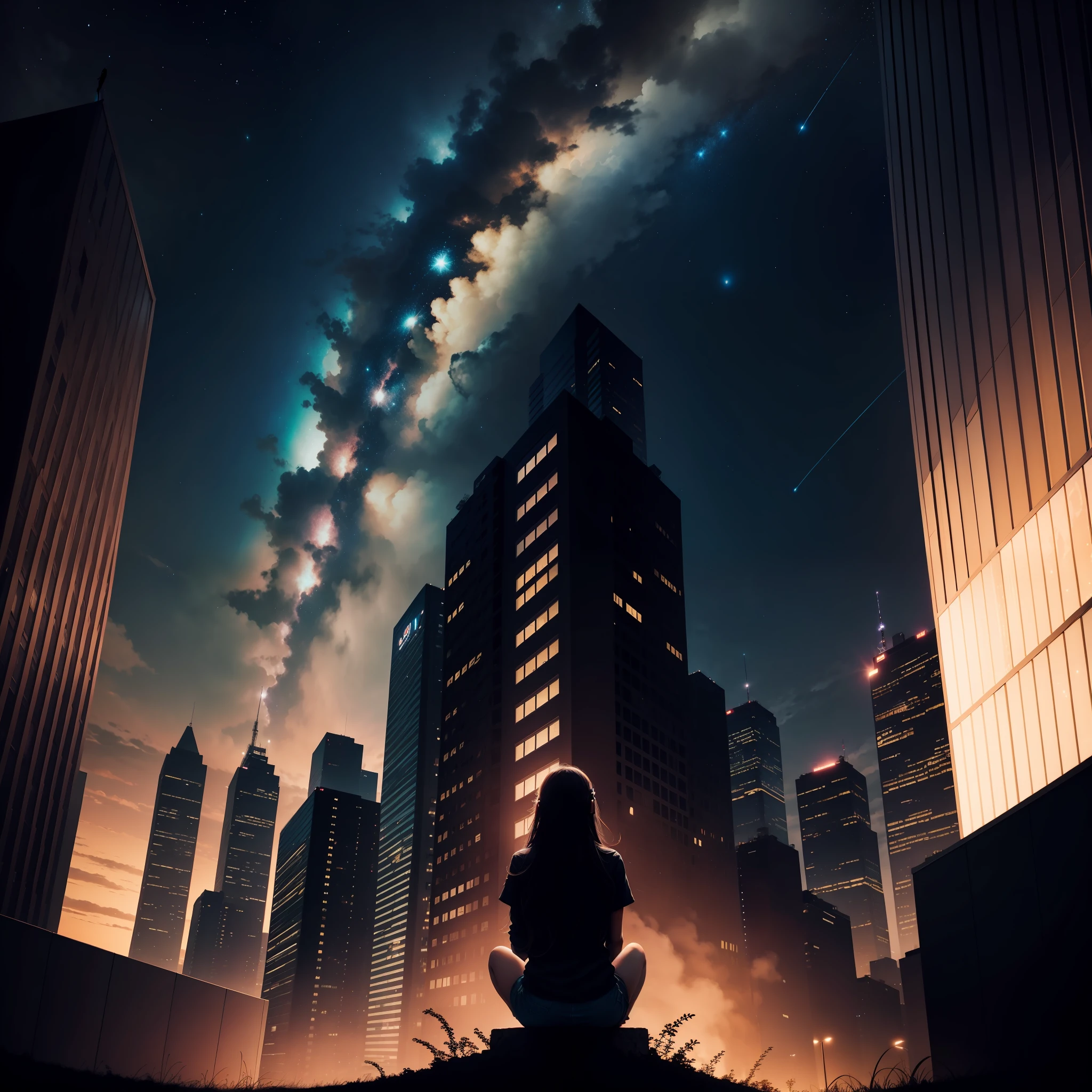octane, sky, stars (sky), landscape, starry sky, night, 1 girl, night sky, solo, outdoor, building, cloud, milky way, sitting, tree, long hair, city, silhouette, cityscape