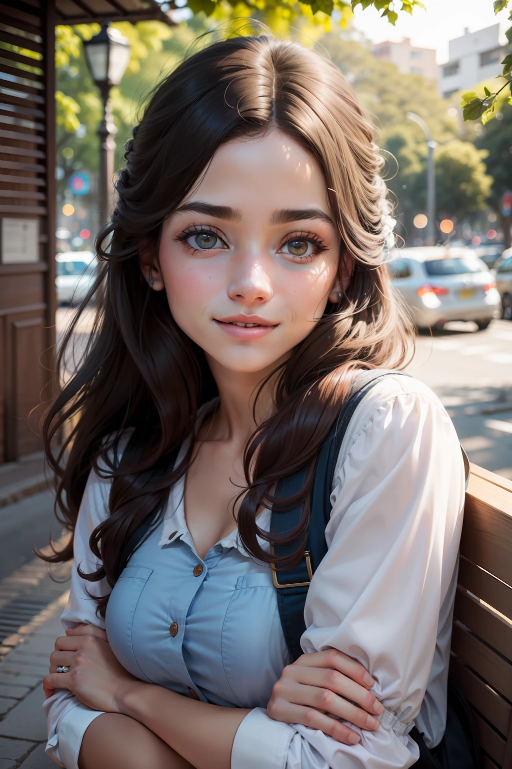 Retrato Hiper Realista de uma Mulher Jovem, Muito Feliz, Viajante,Diferentes lugares da cidade,Buenos Aires. Cores Suaves, mostrando natureza