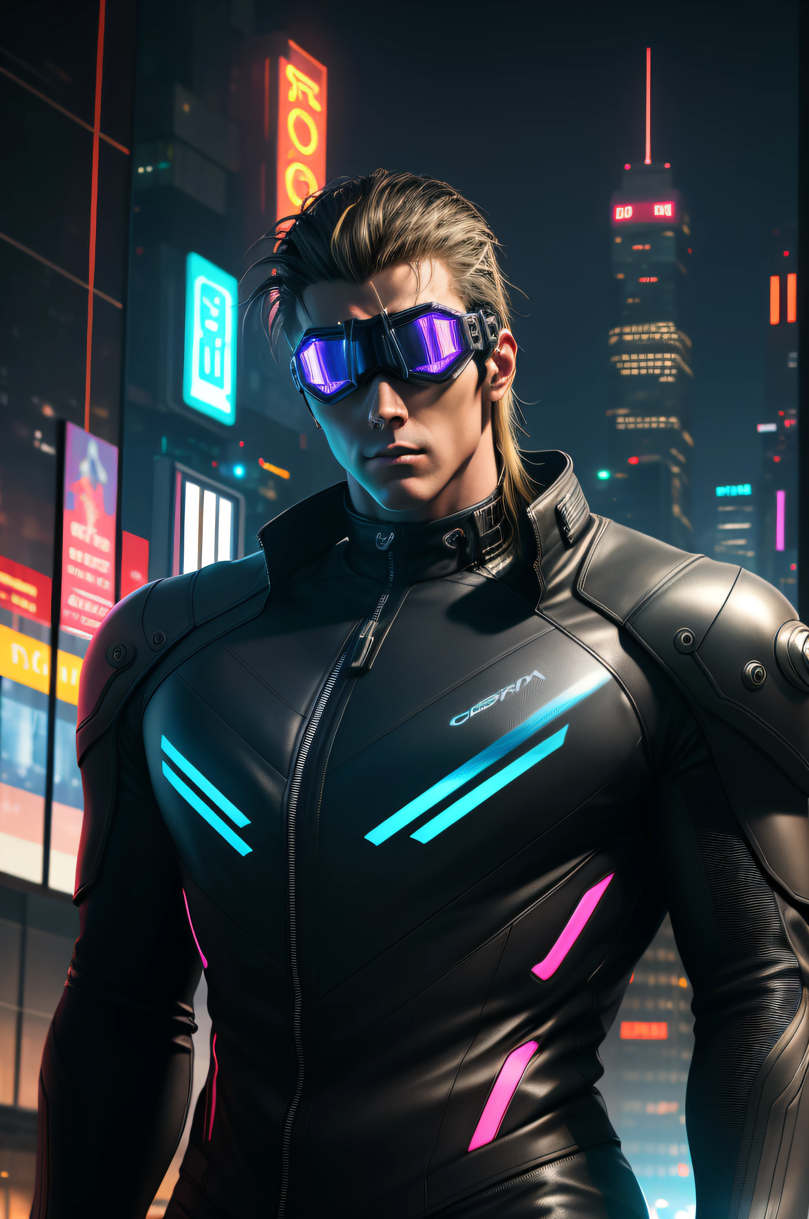 masterpiece, best quality, 1 male, adult, handsome, tall muscular guy, broad shoulders, finely detailed eyes and detailed face, extremely detailed CG unity 8k wallpaper, intricate details, Cyberpunk, motorcycle, goggles, holographic, black jacket, intense run, speed, night city, neon sign, skyscraper, depth of field