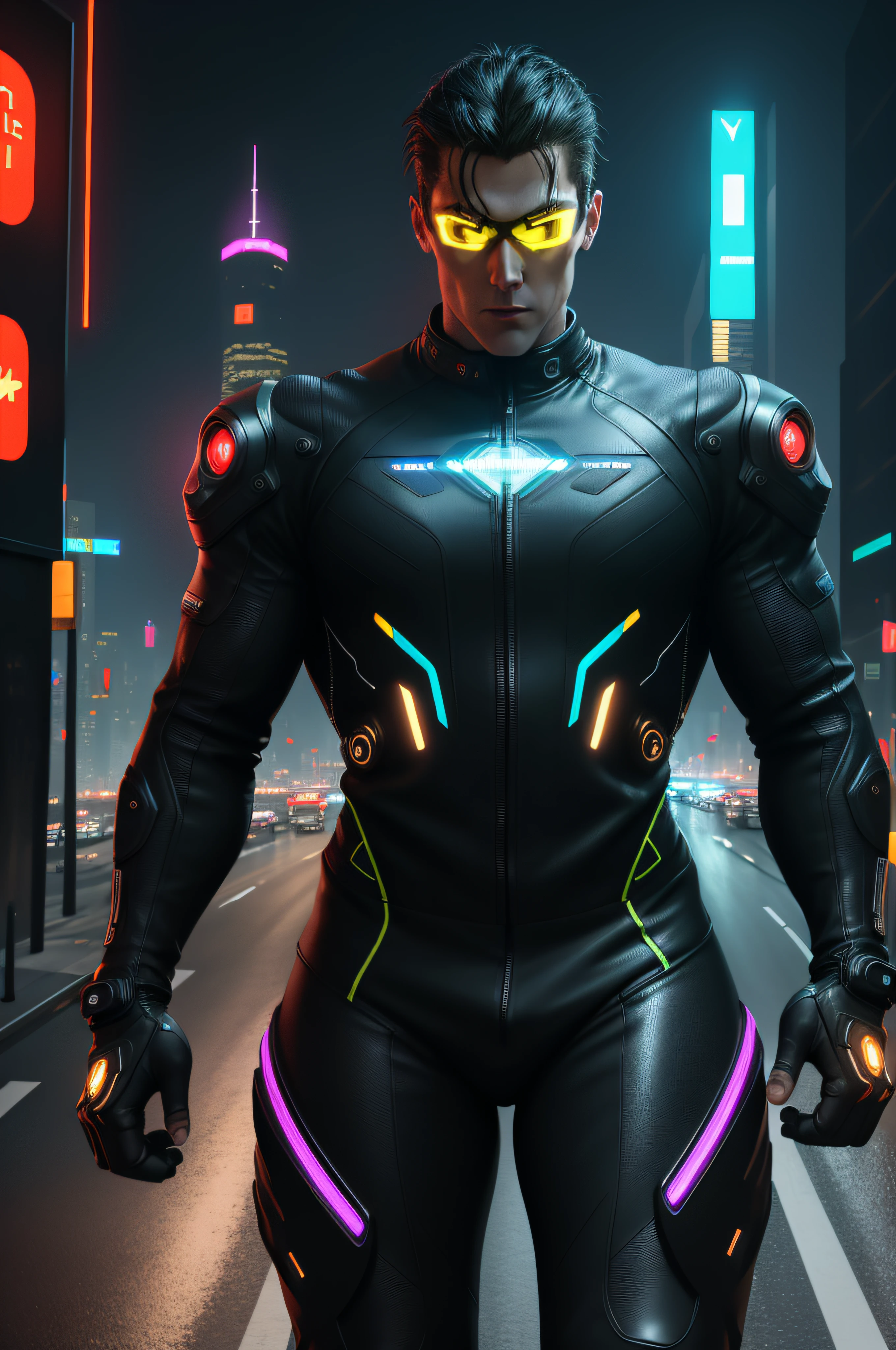 masterpiece, best quality, 1 male, adult, handsome, tall muscular guy, broad shoulders, finely detailed eyes and detailed face, extremely detailed CG unity 8k wallpaper, intricate details, Cyberpunk, motorcycle, goggles, holographic, black jacket, intense run, speed, night city, neon sign, skyscraper, depth of field