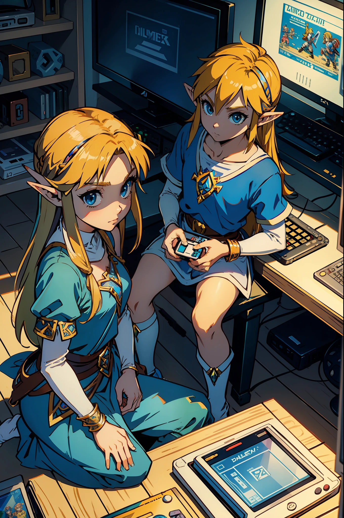 Imagine that Link and Princess Zelda are playing Game Boy Color video games in a gamer room