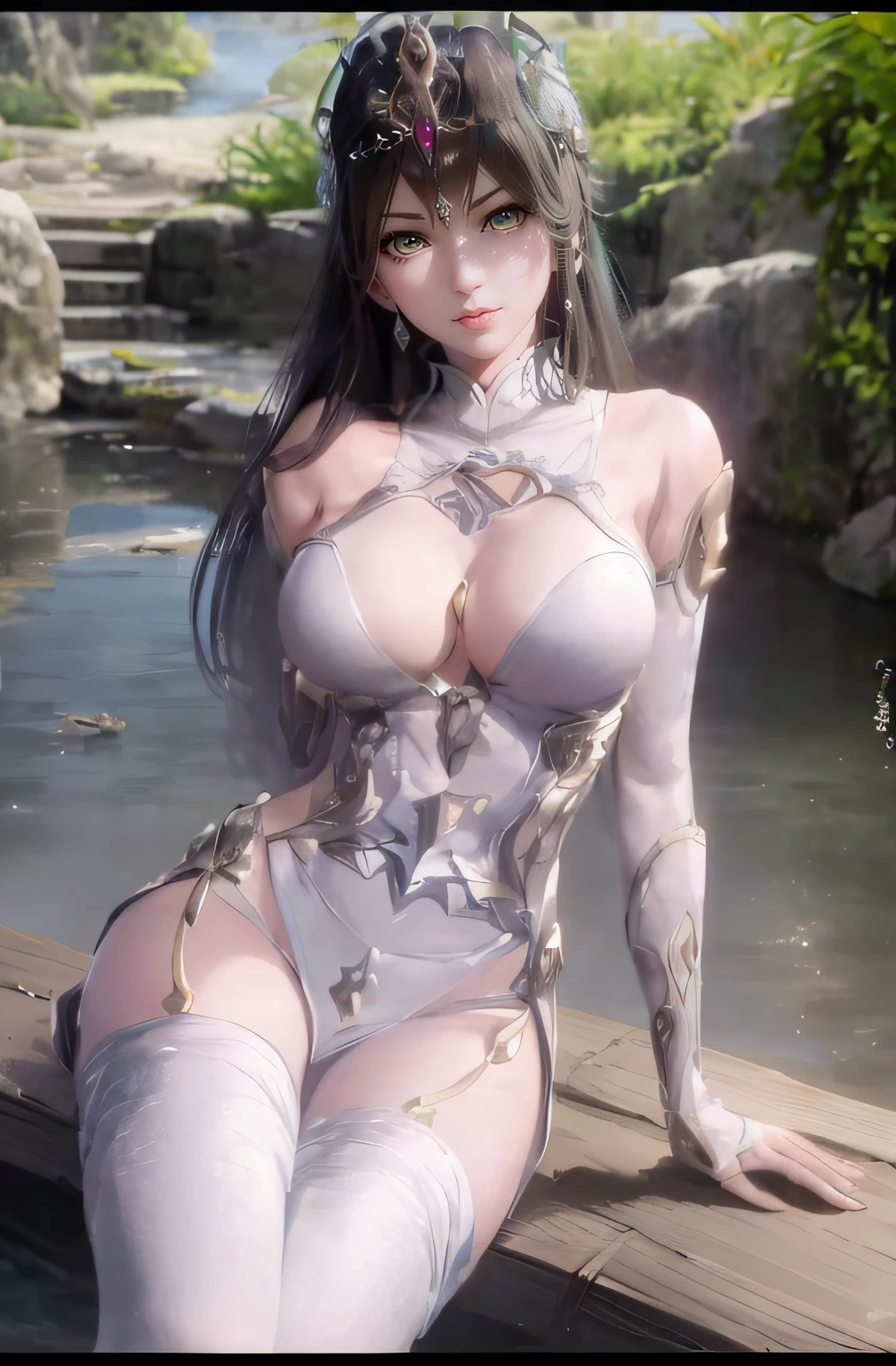 Close-up of a woman in a silver tights sitting on a wooden dock, Anime goddess, seductive anime girls, beautiful and seductive anime woman, a beautiful fantasy empress, Beautiful goddess, Shiny white skin, extremely detailed goddess shot, ((a beautiful fantasy empress)), trending on cgstation, photorealistic perfect body, realistic bikini, Guviz