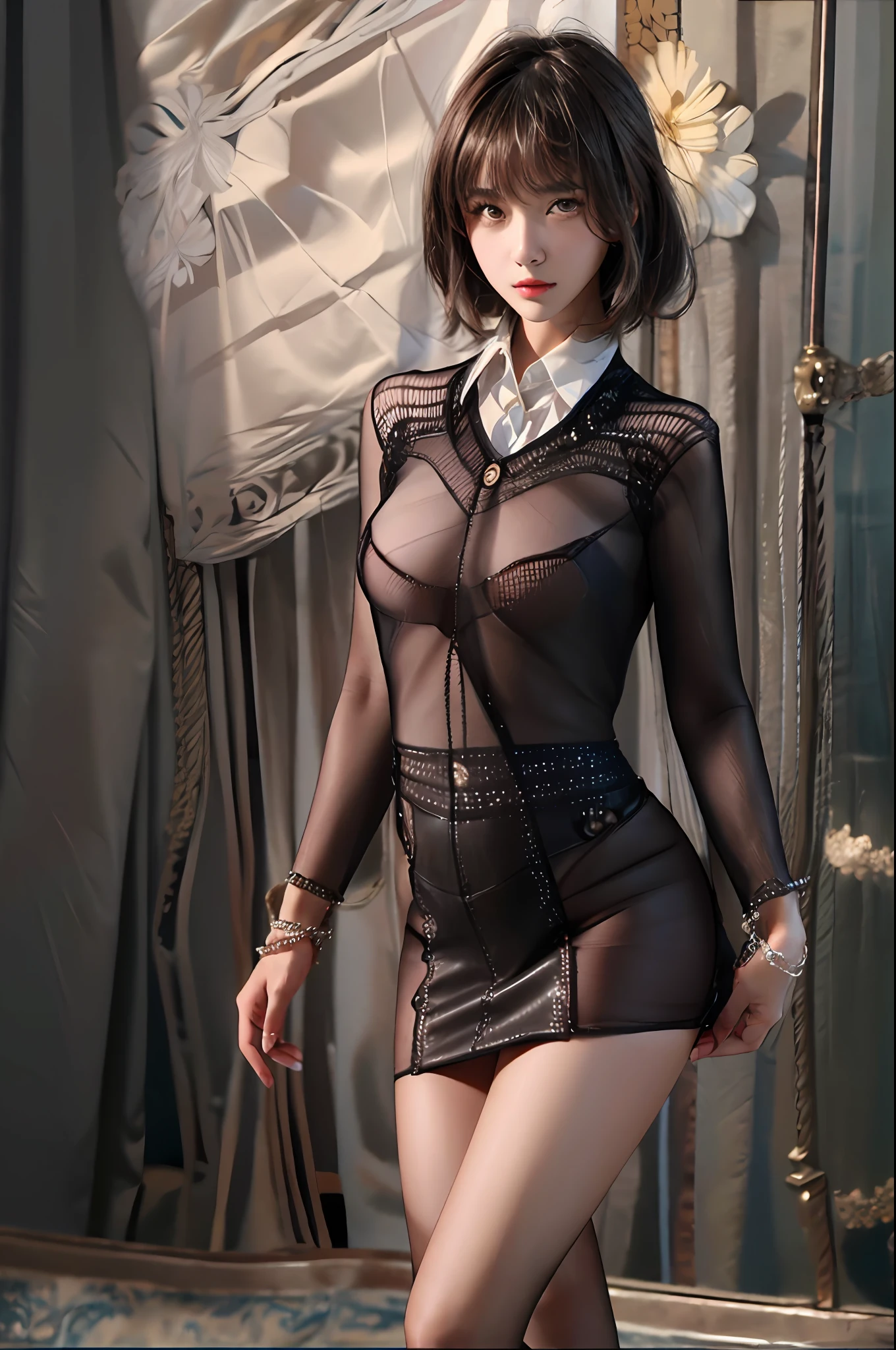 Pretty girl standing, thin legs, high heels on the ground, on the road, (masterpiece:1.3), (8k, photorealistic, RAW photo, best quality: 1.4), (1girl), beautiful face, (realistic face), (black hair, short hair:1.3), beautiful hairstyle, realistic eyes, Beautiful detail eyes, realistic skin, beautiful skin, super high resolution, super realistic, very detailed, golden ratio, cute, cute schoolgirl, wearing jk uniform, surreal high school girl, short skirt, tight skirt, pantyhose, black stockings, full body view, thin arms, long hair, big tits