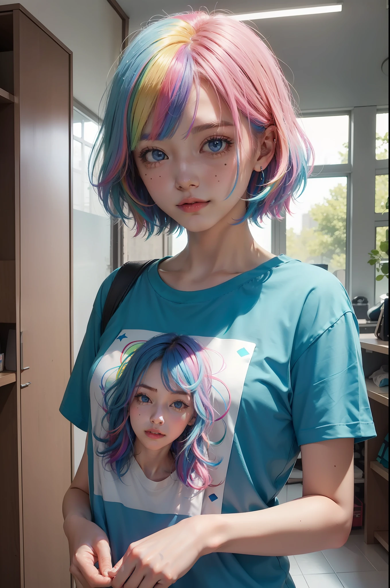 Colorful hair like a rainbow, Moles under eyes, Blue Eyes thought, Contemplative, High detail, modern, reflective light, Fuji colors, Fuji Film, Sony FE, Sony FE GM, hyper HD,Girls smile,Wear a rainbow t-shirt,looking toward the viewer,Put your hands in your pockets,Colorful letter T-shirt,