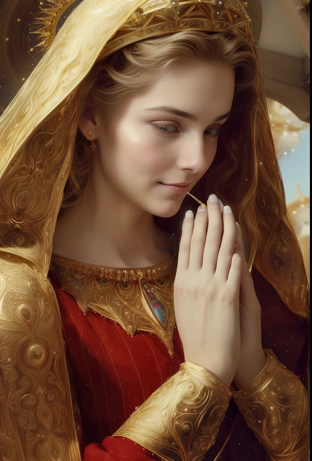 (((Saint Virgin Mary. 19 years old))) ((( Con una cara seria y piadosa. Con una mirada dulce y tierna))) (obra maestra, calidad superior, mejor calidad, arte oficial, beautiful and aesthetic: 1.2), (1girl), extremadamente detallado, (Arte fractal: 1.3), colorido, highest detailed, Cara perfecta, parte superior del cuerpo, HDR, (orando: 1.3), (golden lines of white coat: 1.2), galaxia, (rayas de luz), eye-catching visuals, (dynamic stripes, senderos luminosos: 1.2), colores vibrantes,