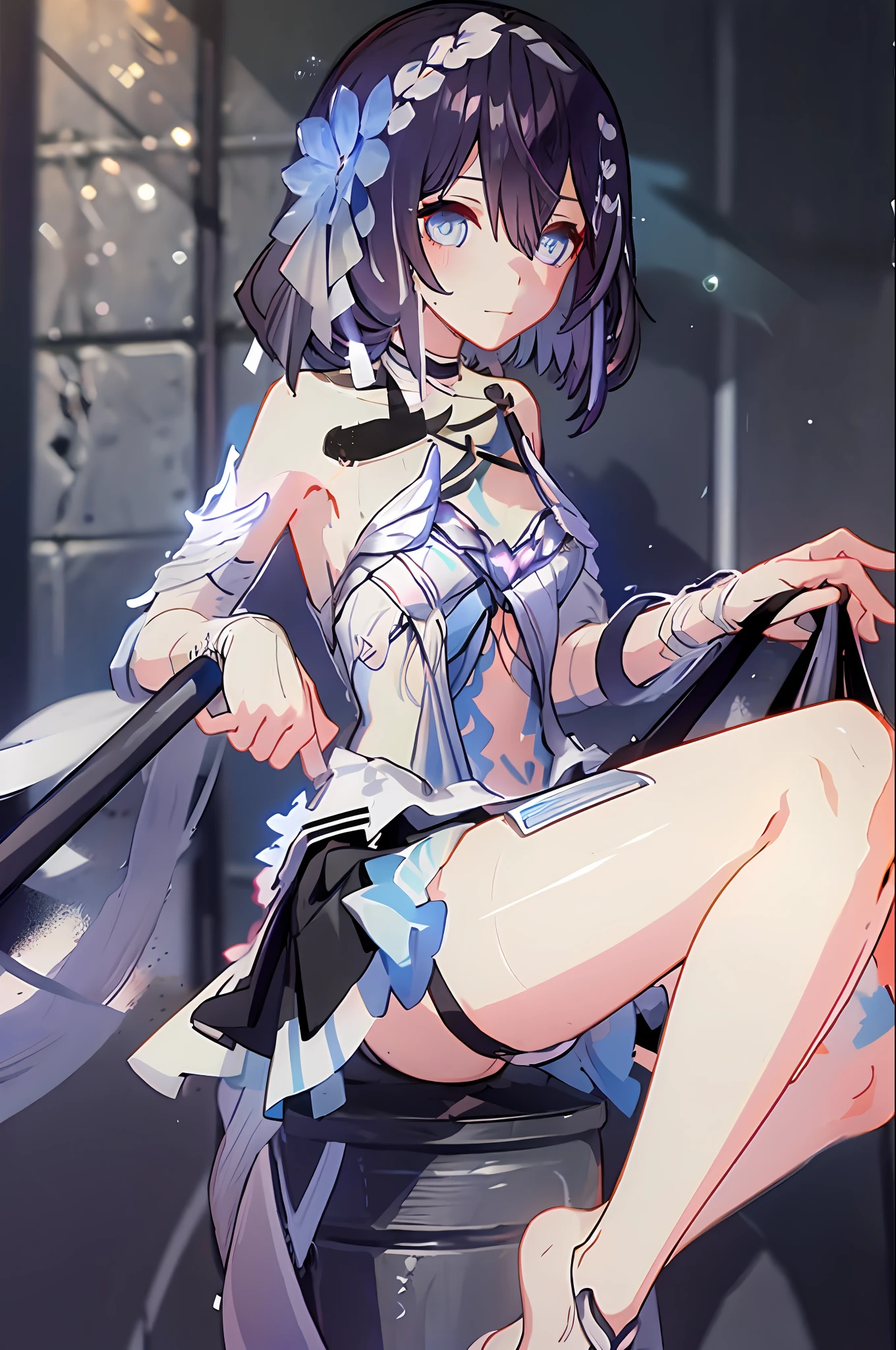 Masterpiece, Best Quality, Hi-Res, 1 Girl, Solo, Seele, Small, Short Hair, Bangs, blue Eyes, Hair Between Eyes, Long Sleeves, Tie, School Uniform, Mini Skirt, Juliet Sleeves, Thighs, White Shirt, Cowboy Shot, (Skirt Lift: 1.3), Indoors, Toilet, Urinal, Sweat, Wet, Look Viewer,Bright Red Panties, Blush
