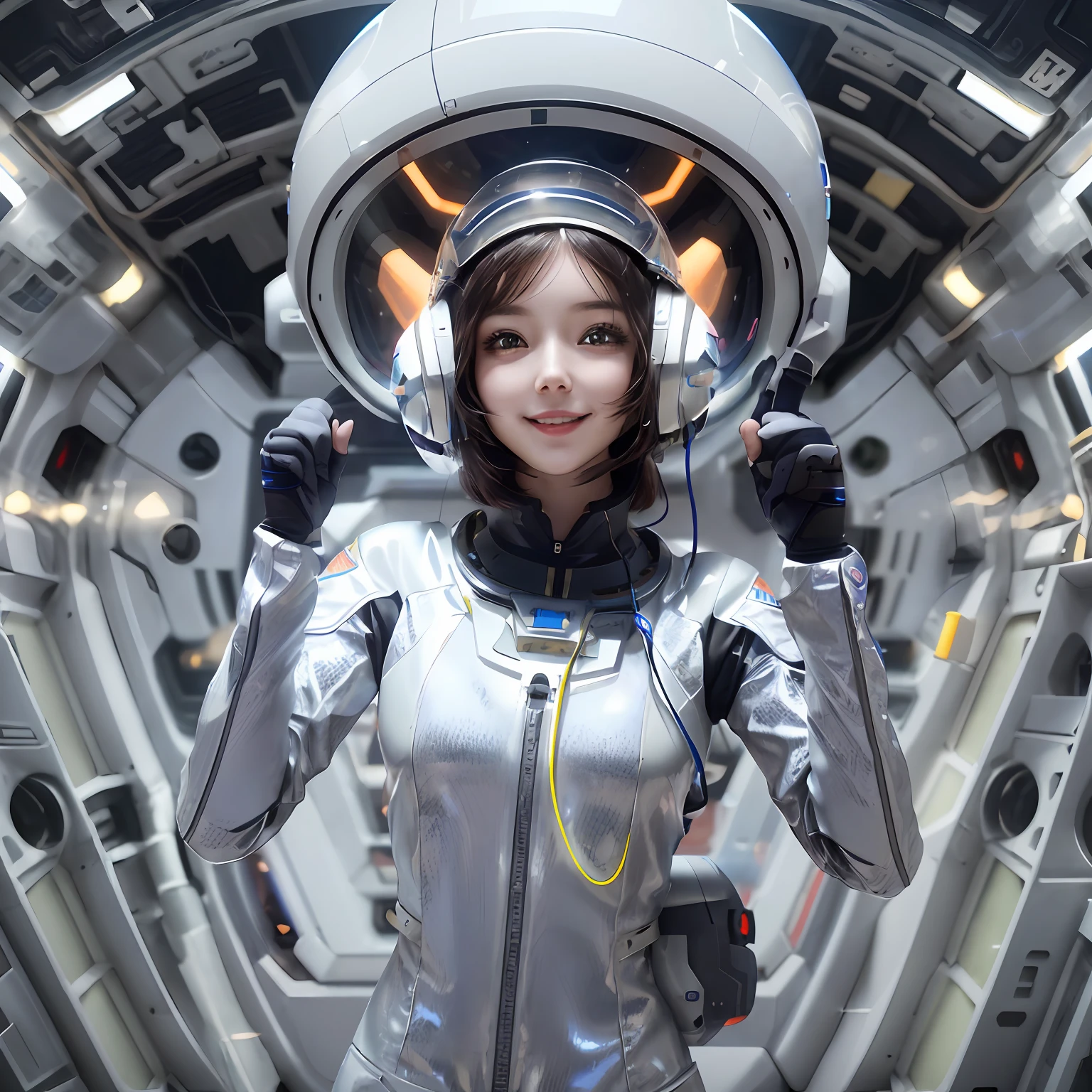 Cute smile、Holding a helmet、Alafed woman in spacesuit pointing camera, portrait anime space cadet girl, portrait armored astronaut girl, beautiful woman in spacesuit, portrait beautiful sci - fi girl, wearing futuristic space gear, Cute cyborg girl, futuristic clothing and helmet, portrait futuristic solider girl, In the spacecraft of the future, futuristic astronaut