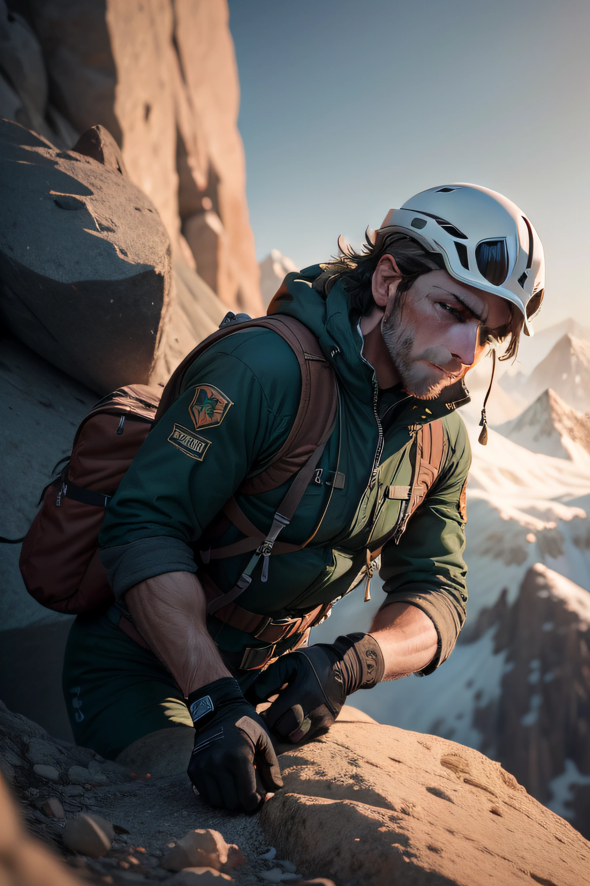 The alpinist's face exhibits a mixture of concentration, sweat, and perhaps a hint of exhaustion, all testifying to the physical and mental toll of the ascent. One gloved hand grips a secure handhold in the rock, while the other extends above, fingers outstretched to grasp the next uncertain purchase. The body is stretched taut, highlighting the physical strain of the climb.