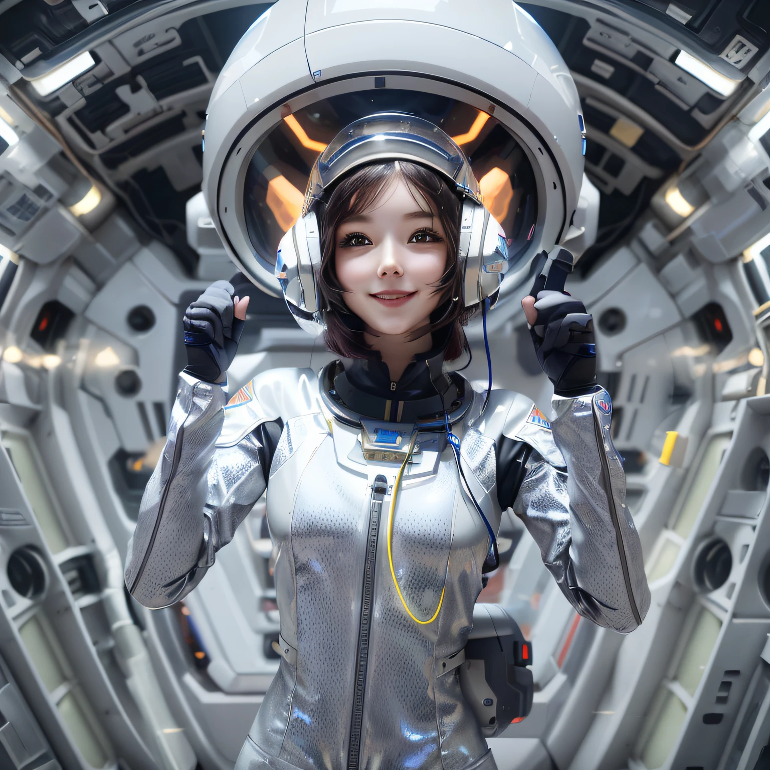 Cute smile、Holding a helmet、Alafed woman in spacesuit pointing camera, portrait anime space cadet girl, portrait armored astronaut girl, beautiful woman in spacesuit, portrait beautiful sci - fi girl, wearing futuristic space gear, Cute cyborg girl, futuristic clothing and helmet, portrait futuristic solider girl, In the spacecraft of the future, futuristic astronaut