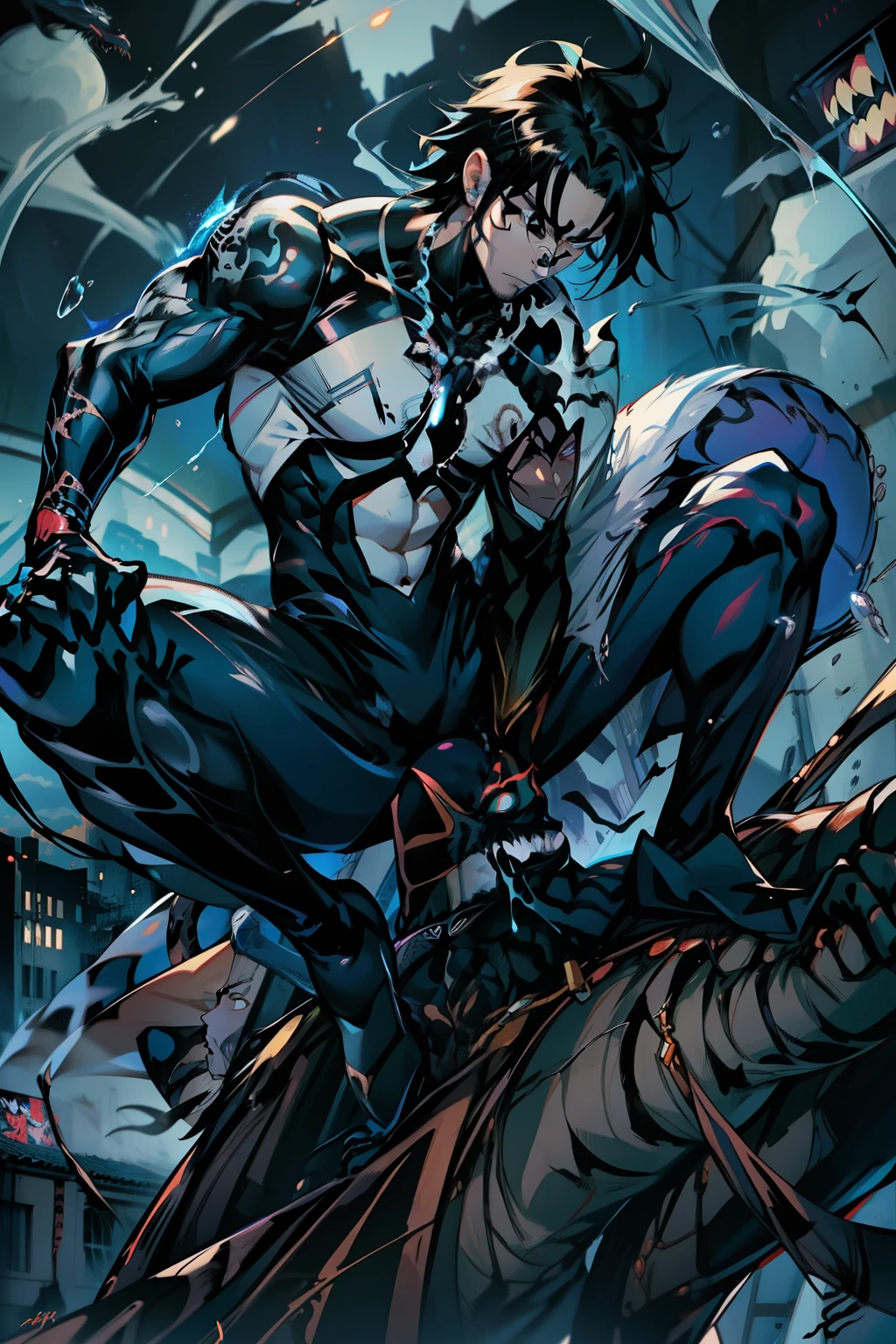 《the original god》Arataki Kazuto , male people, chest muscle, Sexy , Venom symbiote for your body, Black mucus of the body , into venom, venomize,Black bodysuit,(Cloak),Red cape,Abs,(Adult male)((Venom possession,venom symbiote)),over-Tortoise Man,Battle damage,((Masterpiece)), ((Best quality)), Ultra detailed,((illustration)), Dynamic Angle, Detailed light, (Delicate eyes), Floating, 1boy, Male focus, Head, Clothing, Yellow eyes, necklace, tattoo, (Forehead:0.8), (ahoge:0.8), jewelry, brunette color hair,apathy,Ray, chest muscle, Sexy , Venom symbiote for your body, Black mucus of the body , (into venom), Venom,frontage,Bust photo,White tight-fitting top,spiderman outfit,style of anime4 K, 4K anime wallpaper, Badass anime 8 K, 4 k comic wallpaper, young anime man, Anime boys, Anime wallpapers 4 k, Anime wallpaper 4K, High quality anime art style, Anime moe art style, Anime art wallpaper 8 K, Anime art wallpaper 4 K, RGB lighting,