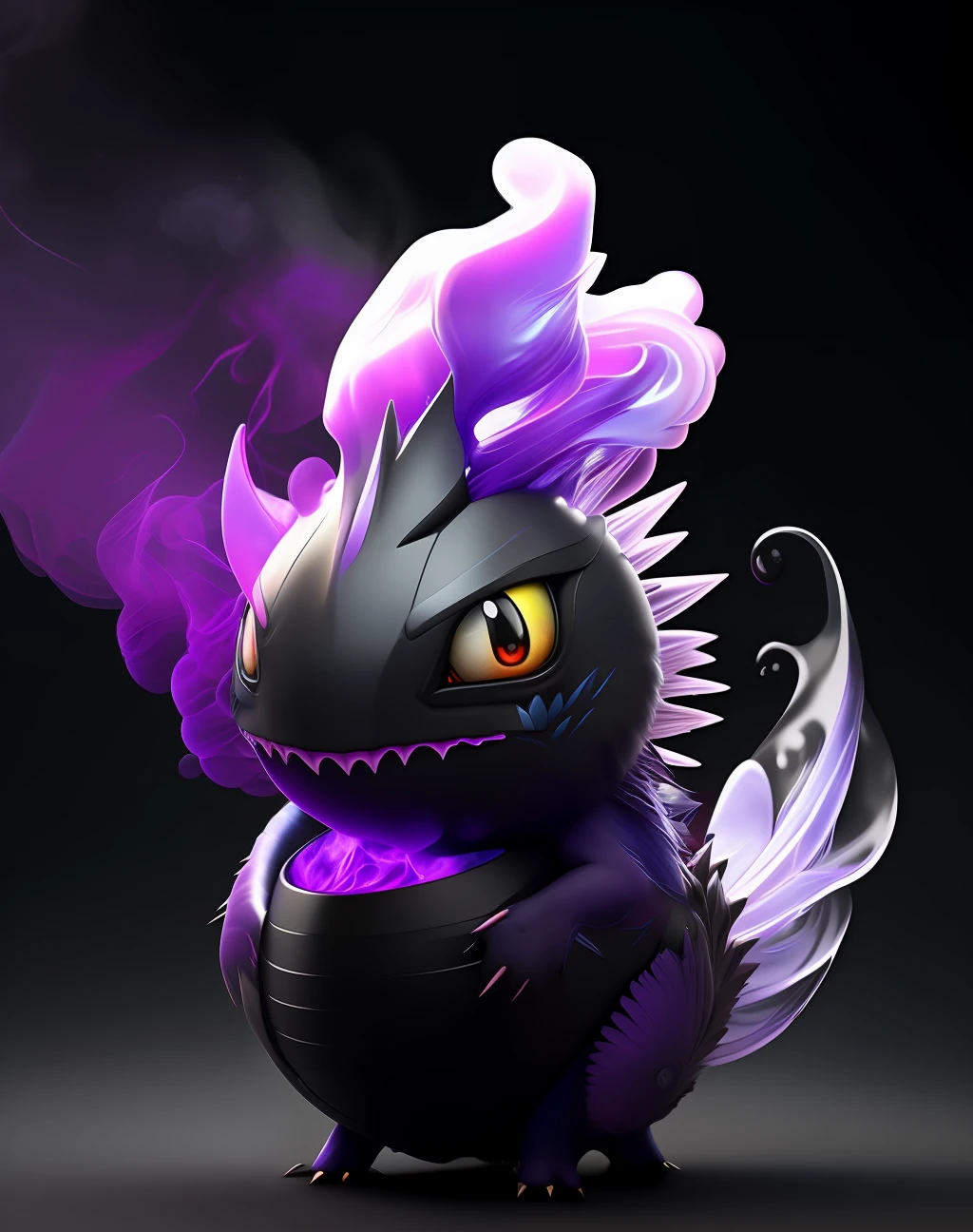 Ultra realistic Pokémon, pegajoso, rastejante, Ghost Pokémon, uma bola preta com 2 olhos abertos, smoke coming out of the black ball, purple mist, horror, arte digital, Artstation Trend