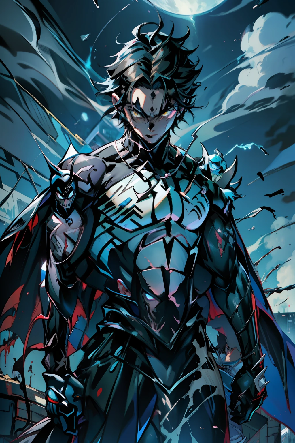 《the original god》Arataki Kazuto , male people, chest muscle, Sexy , Venom symbiote for your body, Black mucus of the body , into venom, venomize,Black bodysuit,(Cloak),Red cape,Abs,(Adult male)((Venom possession,venom symbiote)),over-Tortoise Man,Battle damage,((Masterpiece)), ((Best quality)), Ultra detailed,((illustration)), Dynamic Angle, Detailed light, (Delicate eyes), Floating, 1boy, Male focus, Head, Clothing, Yellow eyes, necklace, tattoo, (Forehead:0.8), (ahoge:0.8), jewelry, brunette color hair,apathy,Ray, chest muscle, Sexy , Venom symbiote for your body, Black mucus of the body , (into venom), Venom,frontage,Bust photo,White tight-fitting top,spiderman outfit,style of anime4 K, 4K anime wallpaper, Badass anime 8 K, 4 k comic wallpaper, young anime man, Anime boys, Anime wallpapers 4 k, Anime wallpaper 4K, High quality anime art style, Anime moe art style, Anime art wallpaper 8 K, Anime art wallpaper 4 K, RGB lighting,