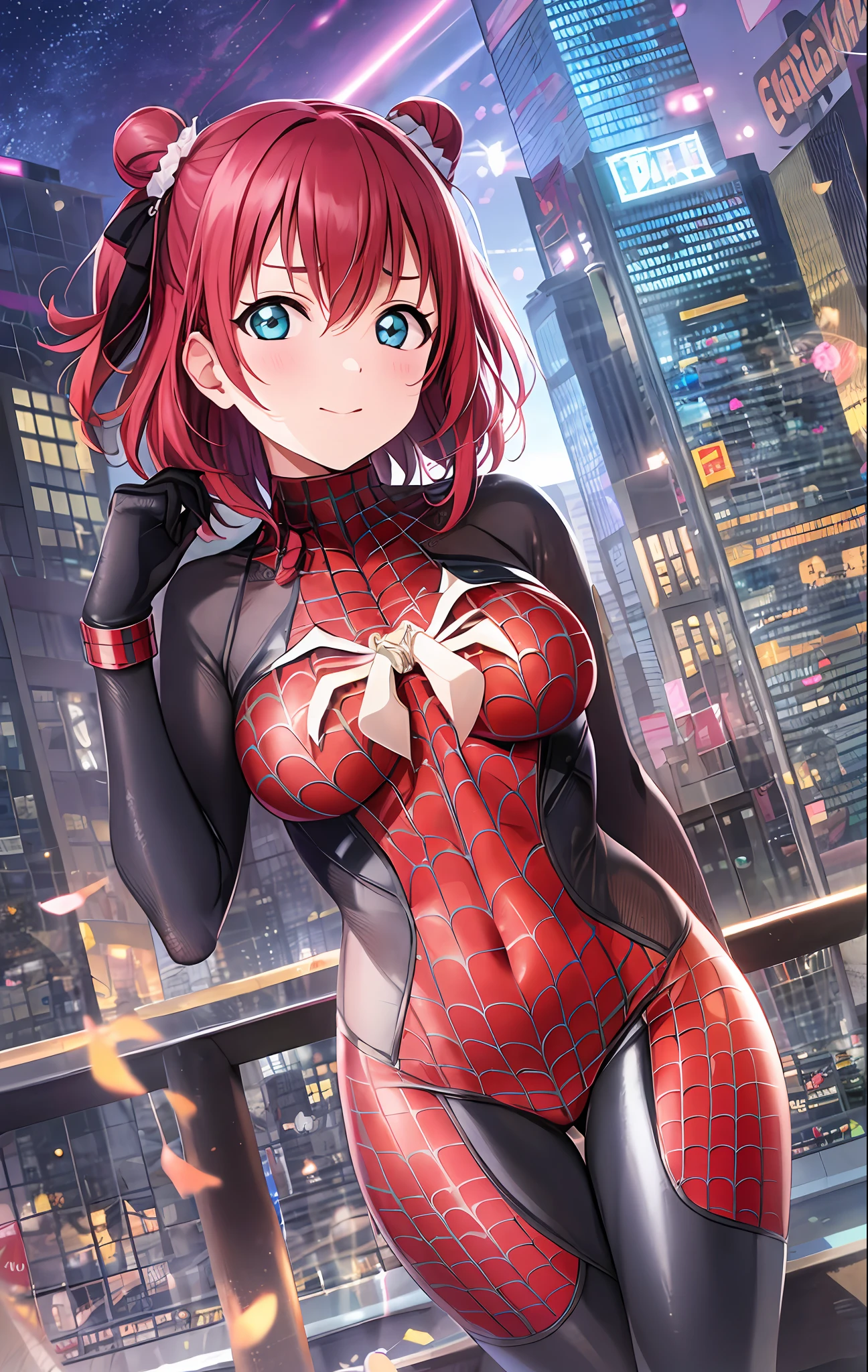Kurosawa ruby, bodysuit, Spiderman custom ,blunt hair, city,Skyscrapers