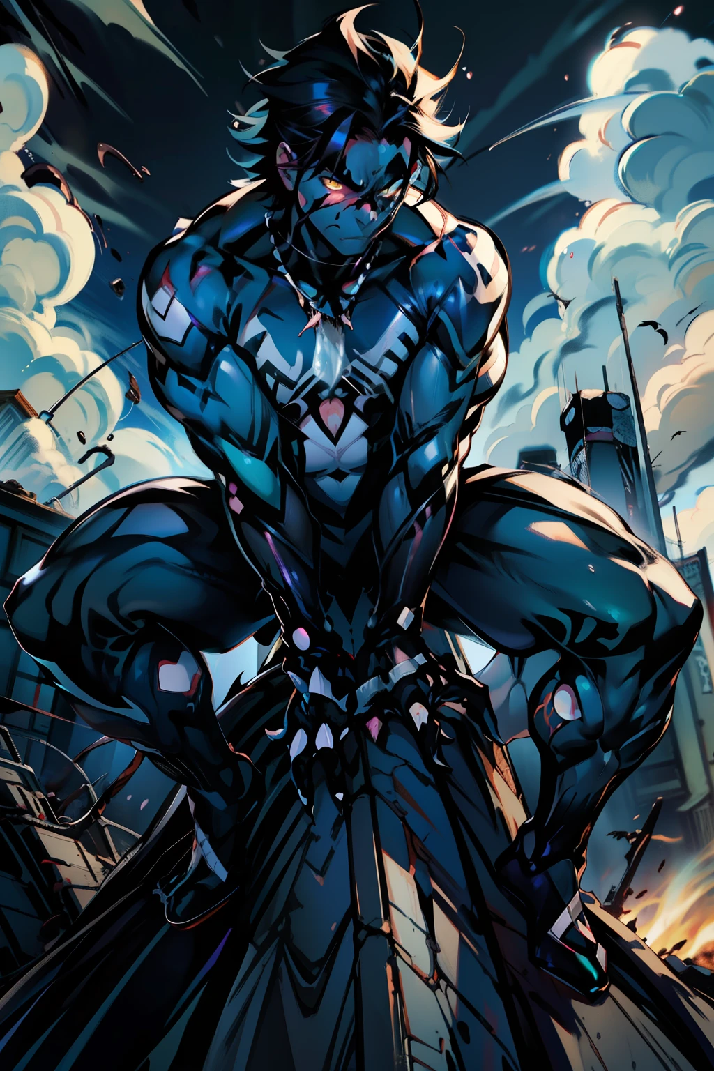 《the original god》Arataki Kazuto , male people, chest muscle, Sexy , Venom symbiote for your body, Black mucus of the body , into venom, venomize,Black bodysuit,(Cloak),Red cape,Abs,(Adult male)((Venom possession,venom symbiote)),over-Tortoise Man,Battle damage,((Masterpiece)), ((Best quality)), Ultra detailed,((illustration)), Dynamic Angle, Detailed light, (Delicate eyes), Floating, 1boy, Male focus, Head, Clothing, Yellow eyes, necklace, tattoo, (Forehead:0.8), (ahoge:0.8), jewelry, brunette color hair,apathy,Ray, chest muscle, Sexy , Venom symbiote for your body, Black mucus of the body , (into venom), Venom,frontage,Bust photo,White tight-fitting top,spiderman outfit,style of anime4 K, 4K anime wallpaper, Badass anime 8 K, 4 k comic wallpaper, young anime man, Anime boys, Anime wallpapers 4 k, Anime wallpaper 4K, High quality anime art style, Anime moe art style, Anime art wallpaper 8 K, Anime art wallpaper 4 K, RGB lighting,