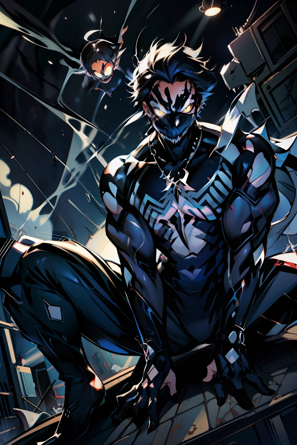 《the original god》Arataki Kazuto , male people, chest muscle, Sexy , Venom symbiote for your body, Black mucus of the body , into venom, venomize,Black bodysuit,(Cloak),Red cape,Abs,(Adult male)((Venom possession,venom symbiote)),over-Tortoise Man,Battle damage,((Masterpiece)), ((Best quality)), Ultra detailed,((illustration)), Dynamic Angle, Detailed light, (Delicate eyes), Floating, 1boy, Male focus, Head, Clothing, Yellow eyes, necklace, tattoo, (Forehead:0.8), (ahoge:0.8), jewelry, brunette color hair,apathy,Ray, chest muscle, Sexy , Venom symbiote for your body, Black mucus of the body , (into venom), Venom,frontage,Bust photo,White tight-fitting top,spiderman outfit,style of anime4 K, 4K anime wallpaper, Badass anime 8 K, 4 k comic wallpaper, young anime man, Anime boys, Anime wallpapers 4 k, Anime wallpaper 4K, High quality anime art style, Anime moe art style, Anime art wallpaper 8 K, Anime art wallpaper 4 K, RGB lighting,