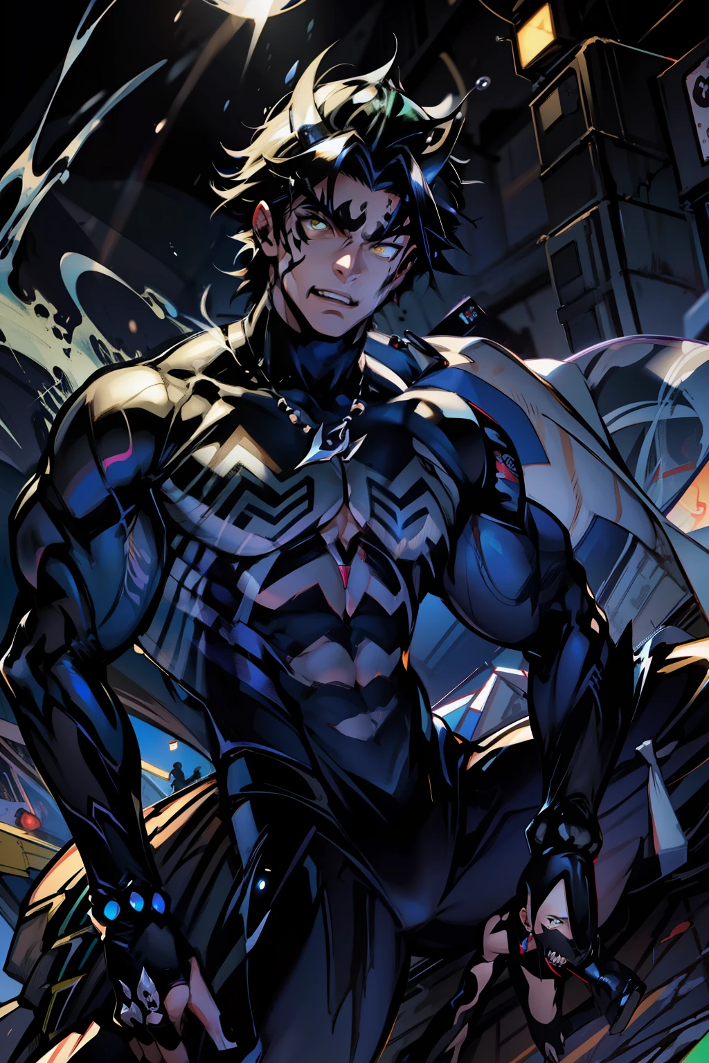 《the original god》Arataki Kazuto , male people, chest muscle, Sexy , Venom symbiote for your body, Black mucus of the body , into venom, venomize,Black bodysuit,(Cloak),Red cape,Abs,(Adult male)((Venom possession,venom symbiote)),over-Tortoise Man,Battle damage,((Masterpiece)), ((Best quality)), Ultra detailed,((illustration)), Dynamic Angle, Detailed light, (Delicate eyes), Floating, 1boy, Male focus, Head, Clothing, Yellow eyes, necklace, tattoo, (Forehead:0.8), (ahoge:0.8), jewelry, brunette color hair,apathy,Ray, chest muscle, Sexy , Venom symbiote for your body, Black mucus of the body , (into venom), Venom,frontage,Bust photo,White tight-fitting top,spiderman outfit,style of anime4 K, 4K anime wallpaper, Badass anime 8 K, 4 k comic wallpaper, young anime man, Anime boys, Anime wallpapers 4 k, Anime wallpaper 4K, High quality anime art style, Anime moe art style, Anime art wallpaper 8 K, Anime art wallpaper 4 K, RGB lighting,