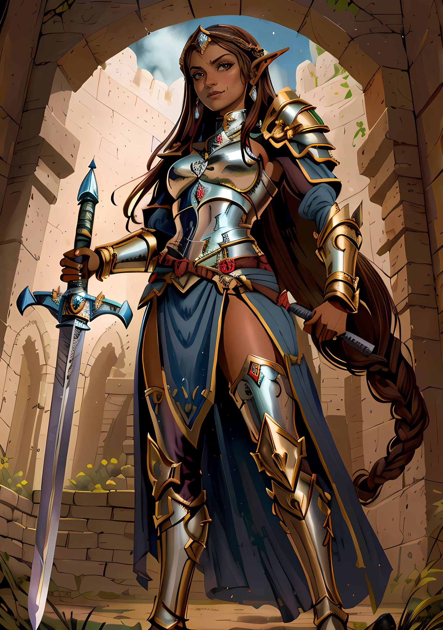 Dark brown skinned goblin in armor holding a sword in a courtyard, Retrato do Paladino Feminino, fantasia paladin mulher, gorgeous female paladin, female paladin, picture of female paladin, retrato cavaleiro feminino, cavaleiro feminino, cavaleiro elfa feminino bonito, de uma bela cavaleiro musculosa feminina, mulher com orelhas de elfo, estilo de desenho de dnd, Very large sword stuck in the ground. Red heavy metal armor all over the body.